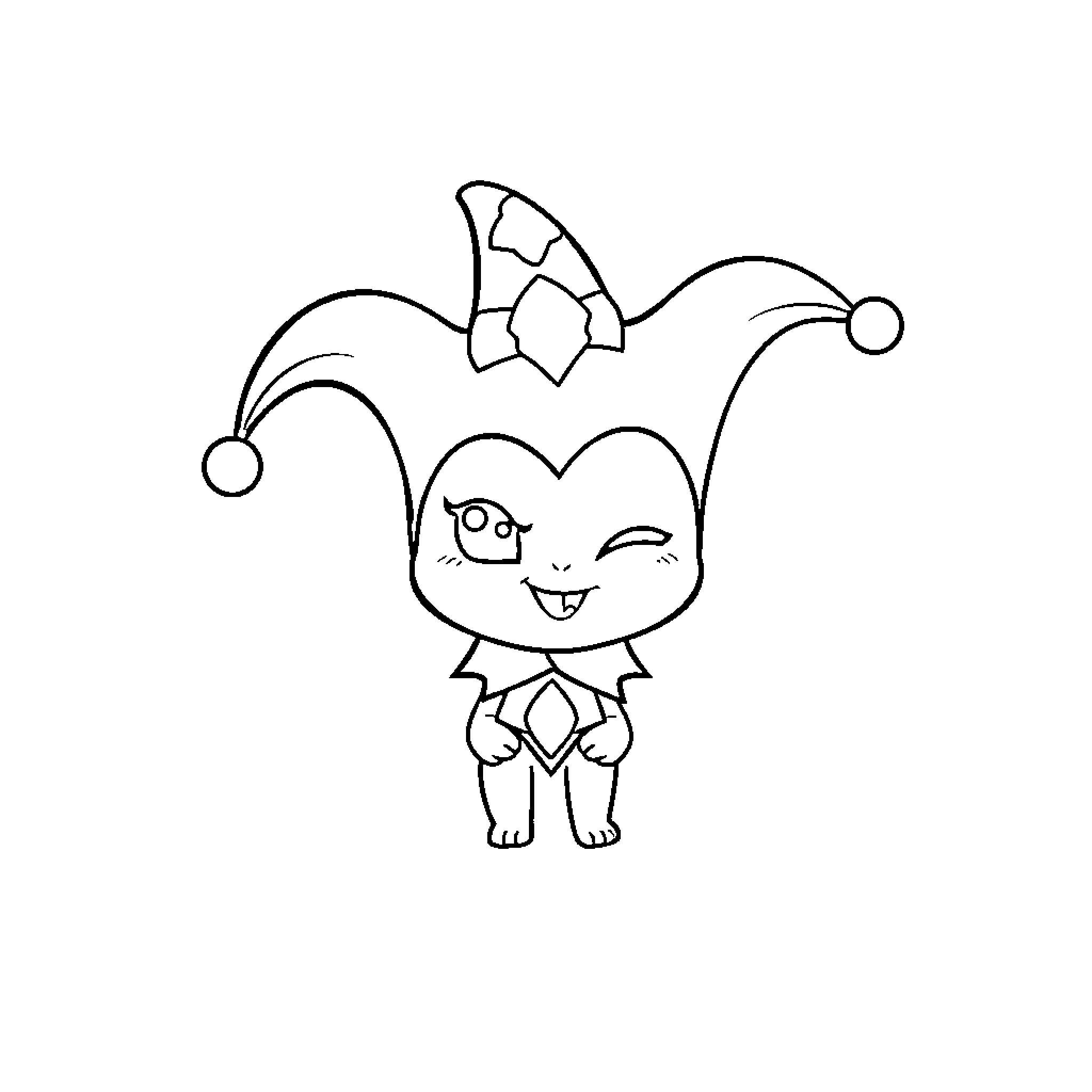 Kuromi in a playful jester outfit Coloring Page (free black-and-white line drawing printable PDF for all, from beginners to advanced learners, including children, teens, adults, and seniors)