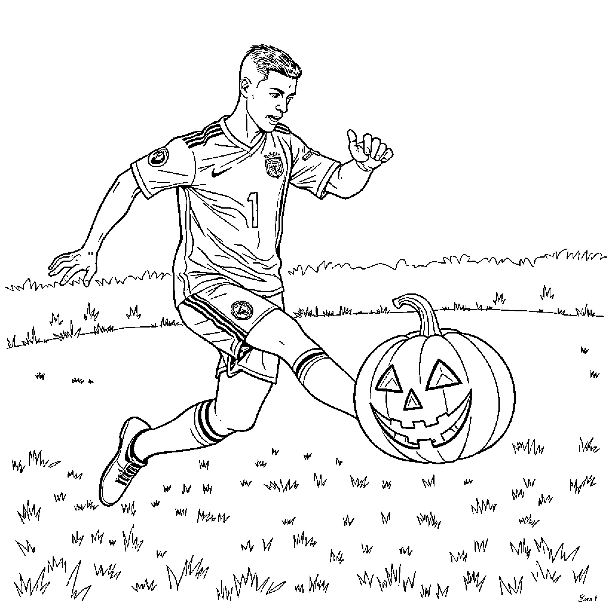 Ronaldo celebrating while kicking a pumpkin on the field Coloring Page (free black-and-white line drawing printable PDF for all, from beginners to advanced learners, including children, teens, adults, and seniors)