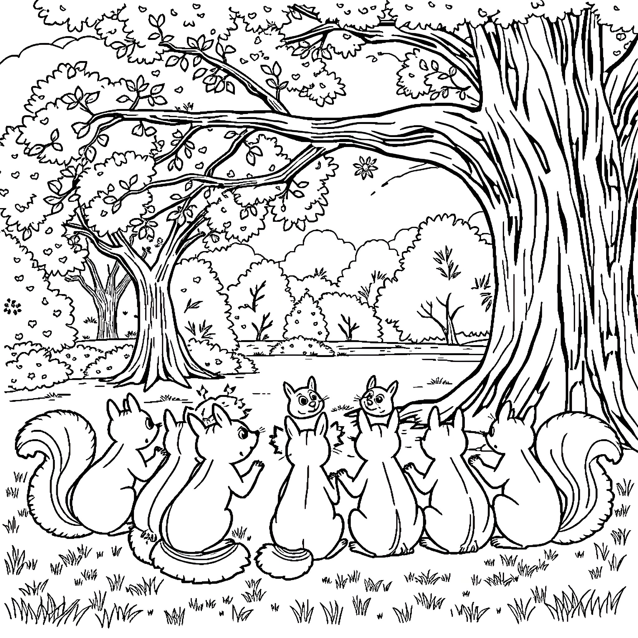 Squirrels Gathering Acorns in the Woodland Coloring Page (free black-and-white line drawing printable PDF for all, from beginners to advanced learners, including children, teens, adults, and seniors)