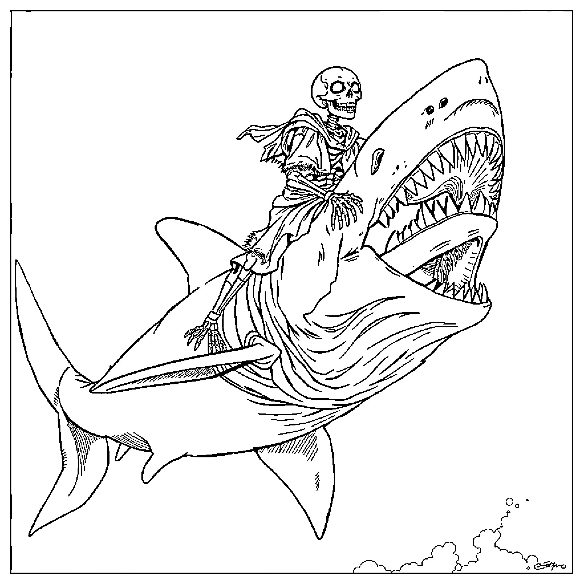 Skeleton riding a fierce shark Coloring Page (free black-and-white line drawing printable PDF for all, from beginners to advanced learners, including children, teens, adults, and seniors)