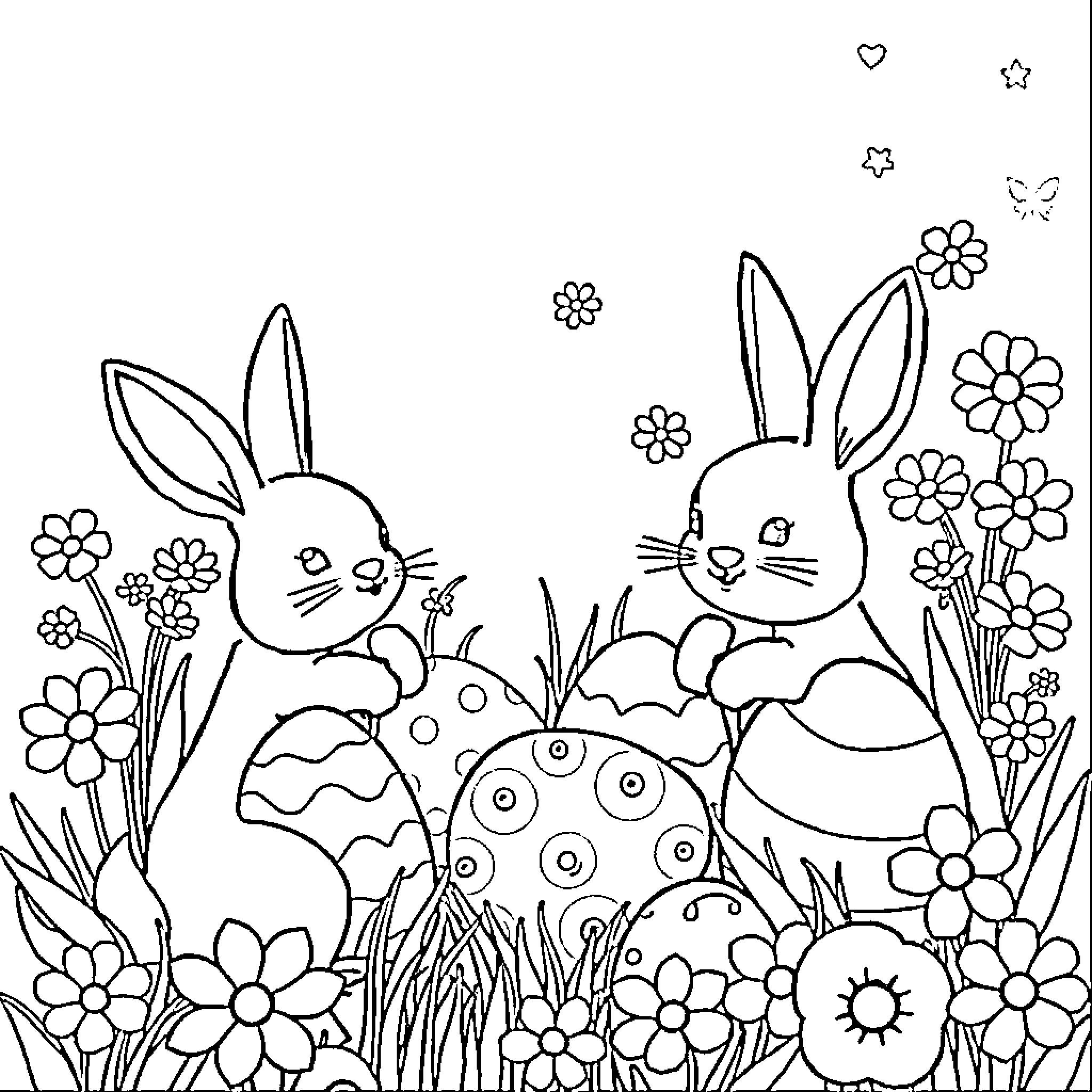 Easter bunnies frolicking among flowers and eggs Coloring Page (free black-and-white line drawing printable PDF for all, from beginners to advanced learners, including children, teens, adults, and seniors)