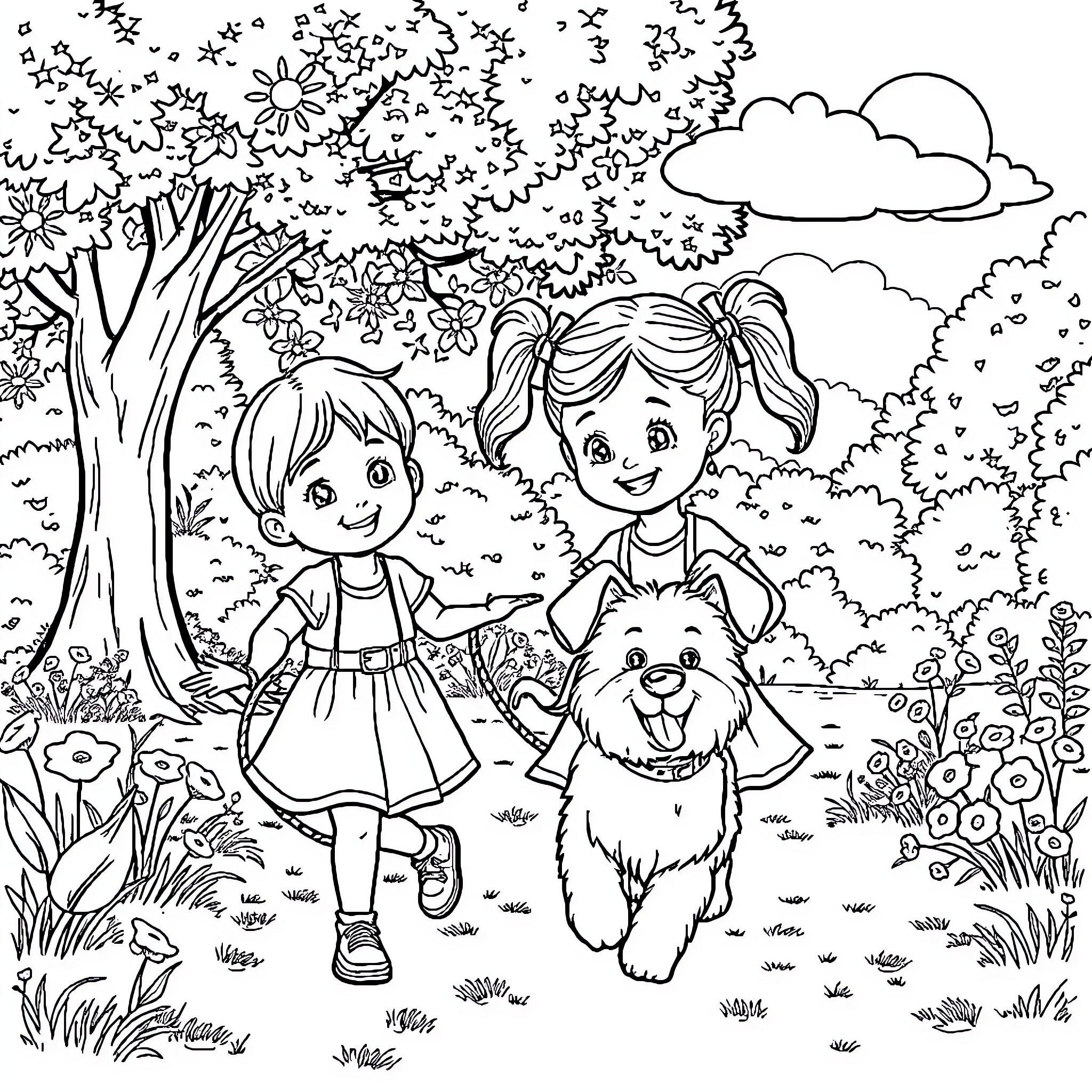 Girl and dog playing happily in a garden Coloring Page (free black-and-white line drawing printable PDF for all, from beginners to advanced learners, including children, teens, adults, and seniors)