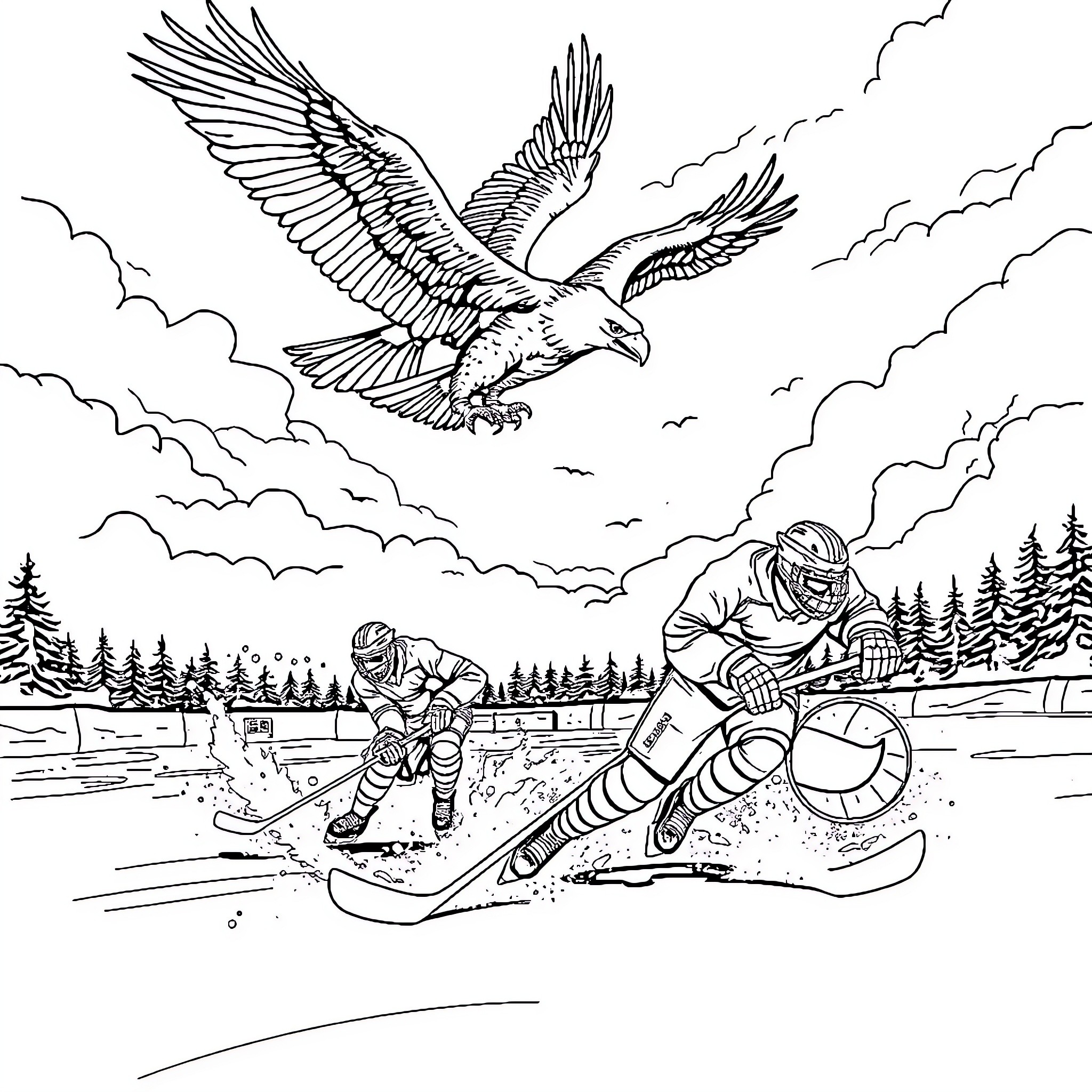 Cobra soaring above hockey players on frozen lake Coloring Page (free black-and-white line drawing printable PDF for all, from beginners to advanced learners, including children, teens, adults, and seniors)