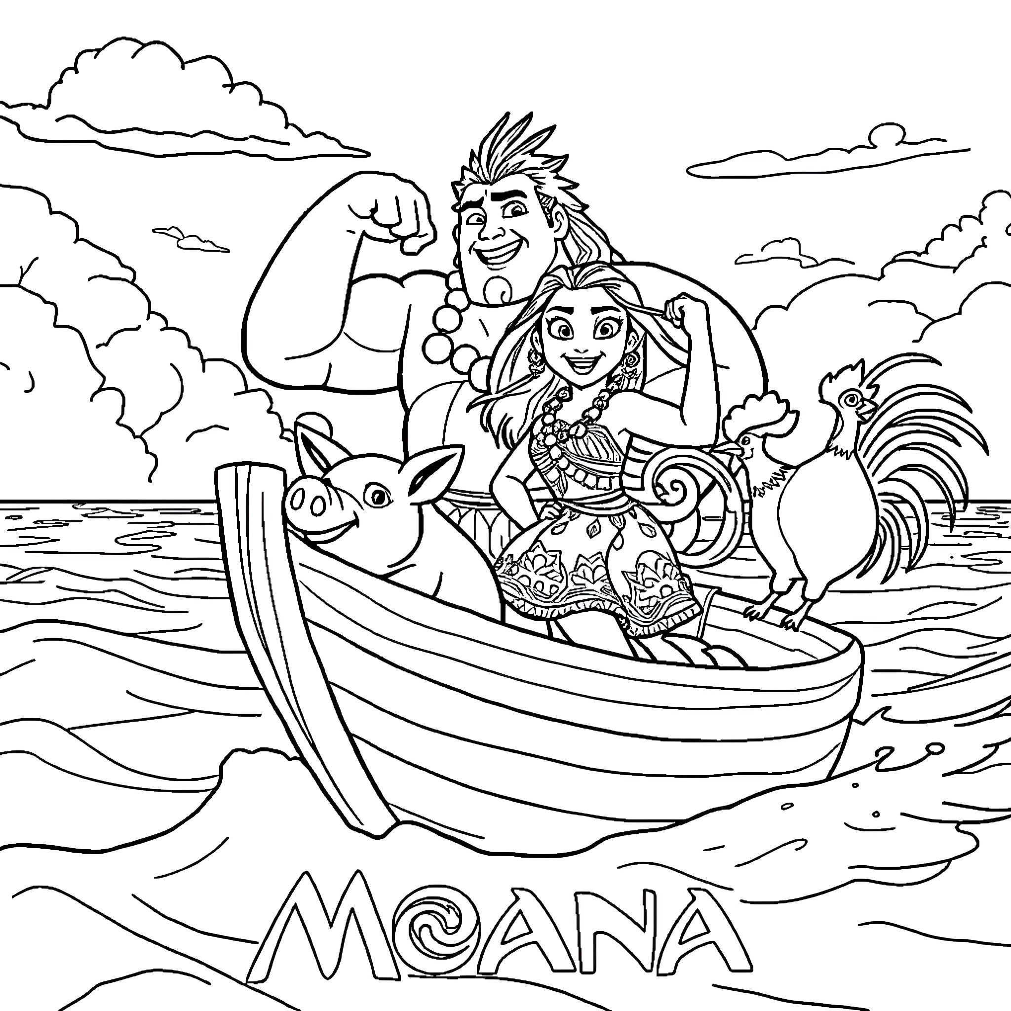 Moana and her friends on a boat adventure Coloring Page (free black-and-white line drawing printable PDF for all, from beginners to advanced learners, including children, teens, adults, and seniors)