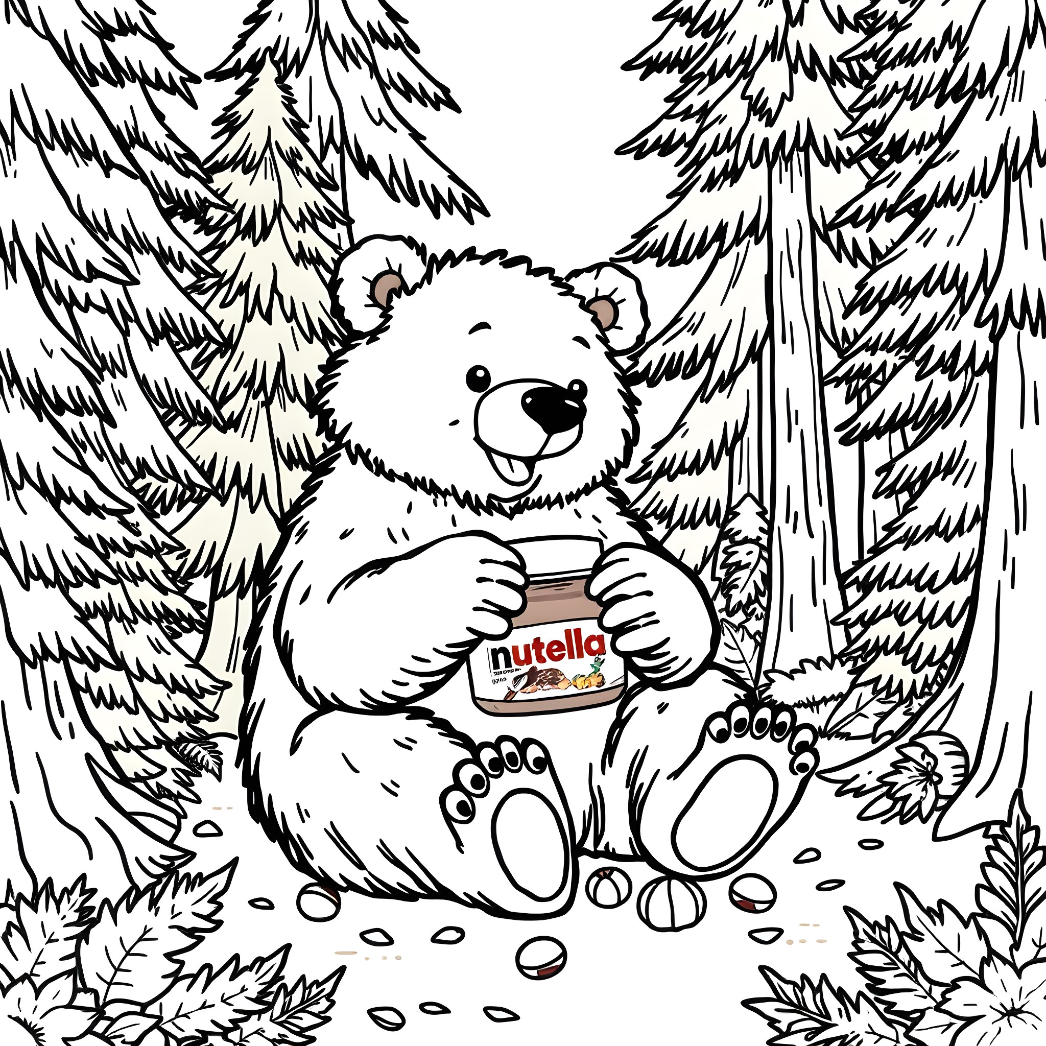Grizzly Bear Enjoying a Jar of Nutella in the Forest Coloring Page (free black-and-white line drawing printable PDF for all, from beginners to advanced learners, including children, teens, adults, and seniors)