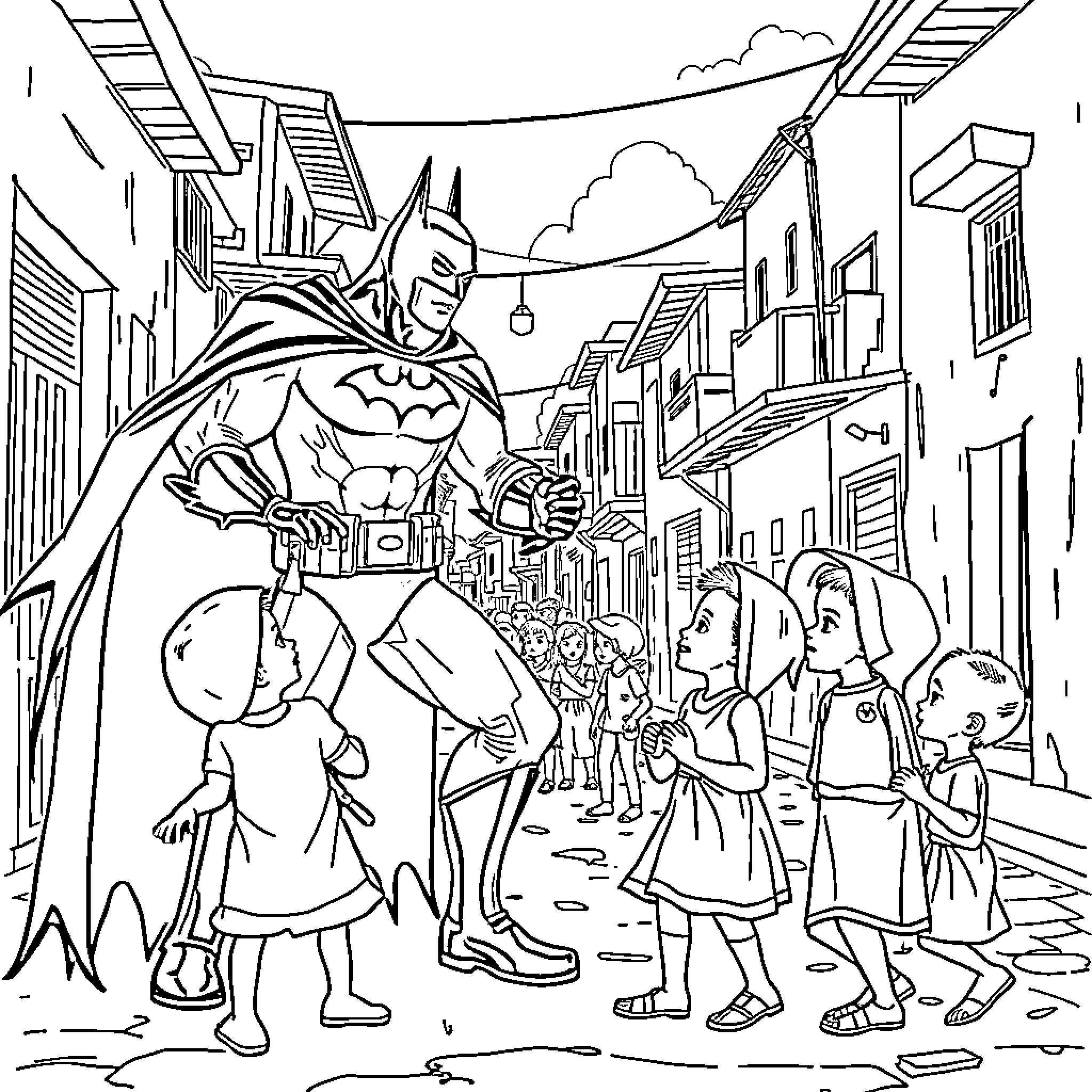 Batman Heroically Protects the City and Its Residents Coloring Page (free black-and-white line drawing printable PDF for all, from beginners to advanced learners, including children, teens, adults, and seniors)