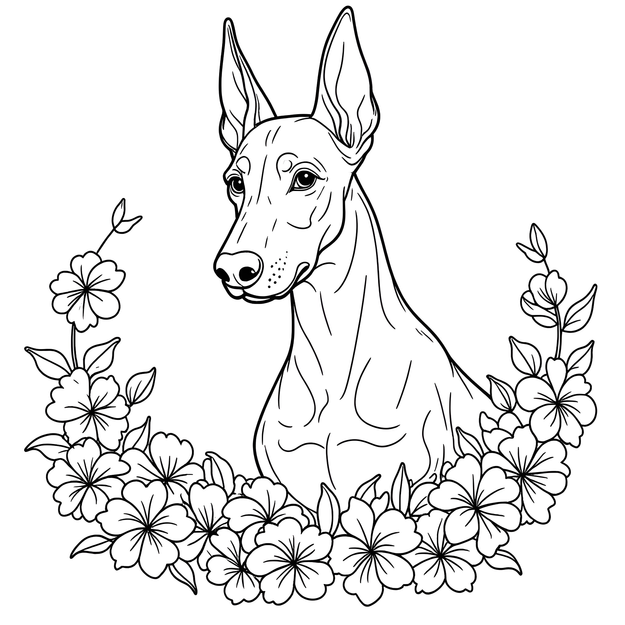Doberman surrounded by blooming flowers Coloring Page (free black-and-white line drawing printable PDF for all, from beginners to advanced learners, including children, teens, adults, and seniors)