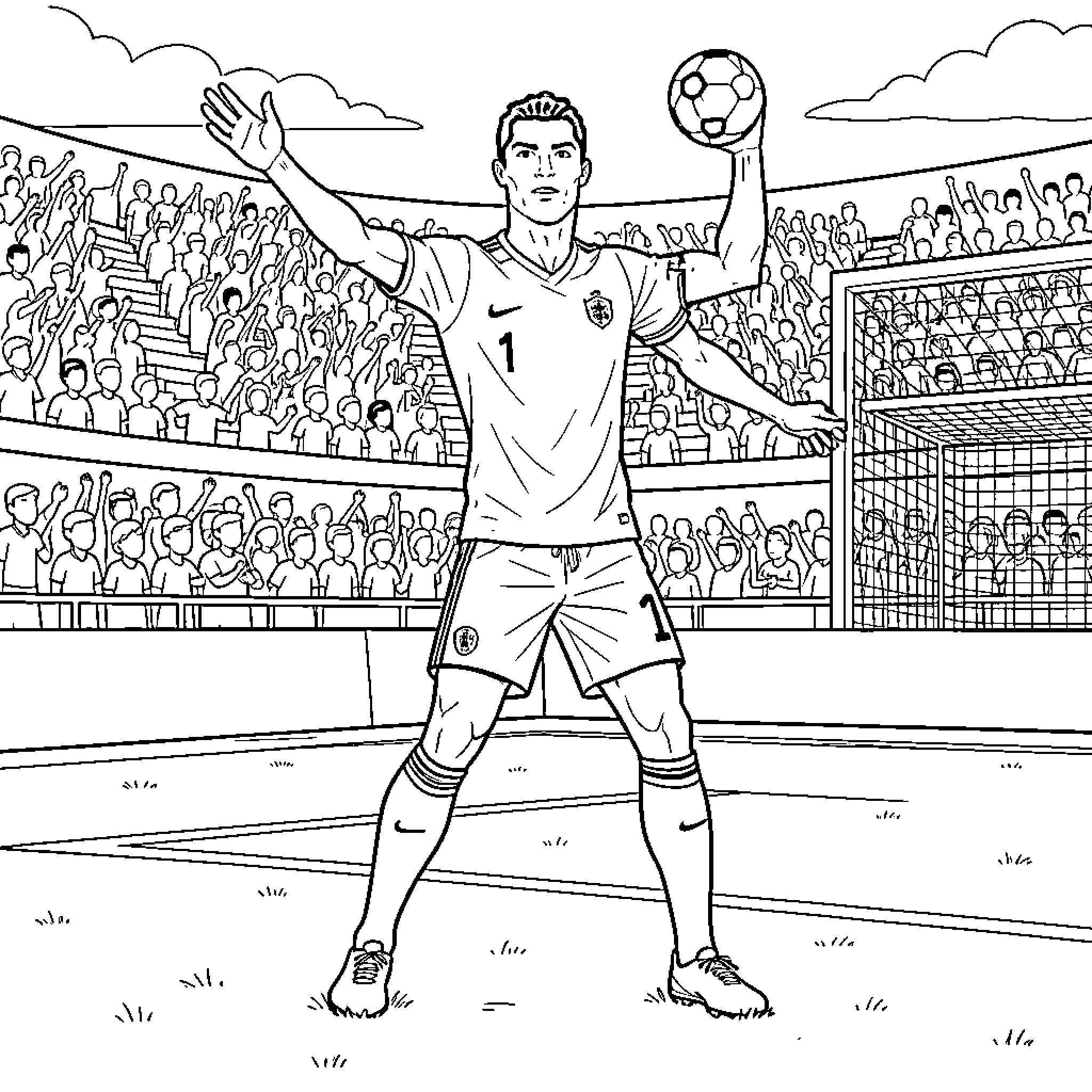 Ronaldo celebrating a victory in a crowded stadium Coloring Page (free black-and-white line drawing printable PDF for all, from beginners to advanced learners, including children, teens, adults, and seniors)
