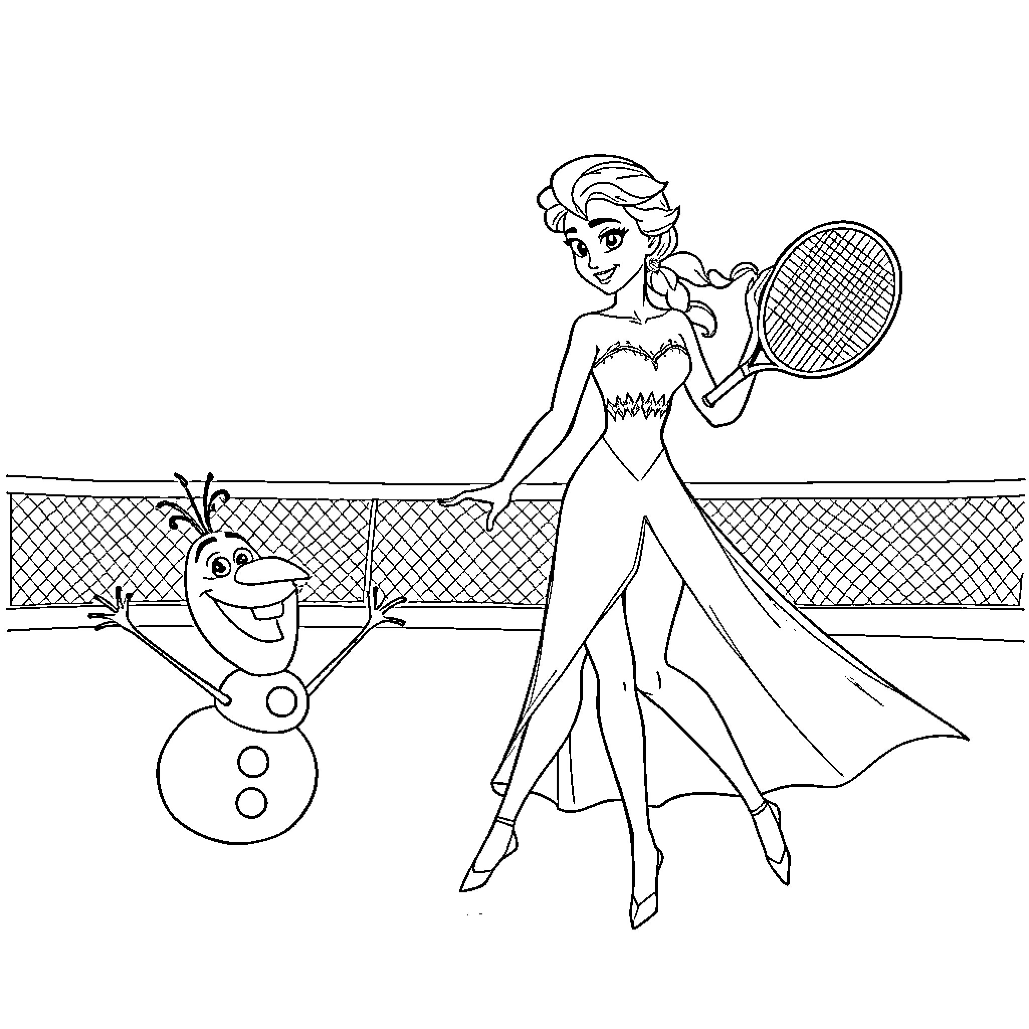 Elsa playing tennis with Olaf Coloring Page (free black-and-white line drawing printable PDF for all, from beginners to advanced learners, including children, teens, adults, and seniors)