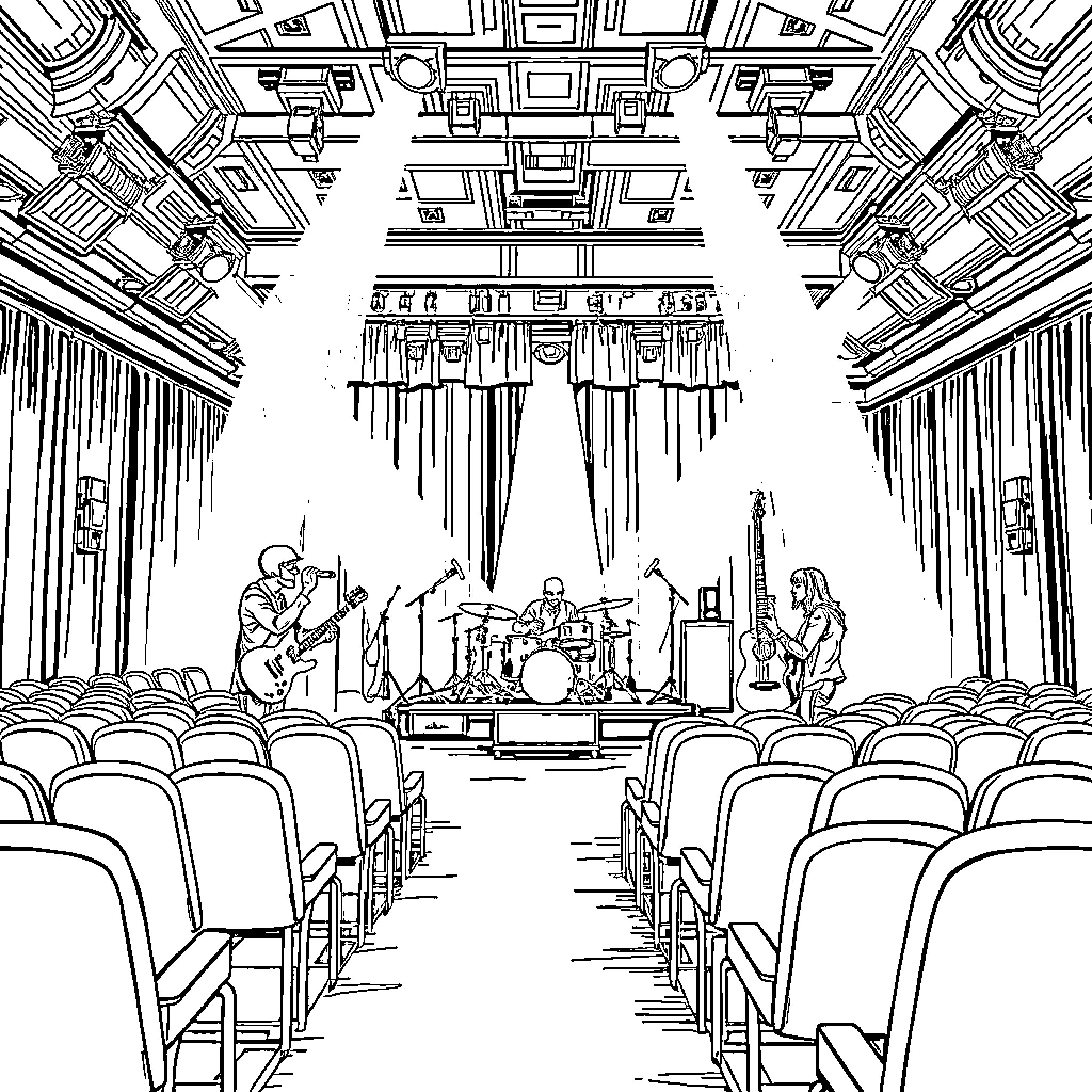 Band performing on stage in auditorium Coloring Page (free black-and-white line drawing printable PDF for all, from beginners to advanced learners, including children, teens, adults, and seniors)