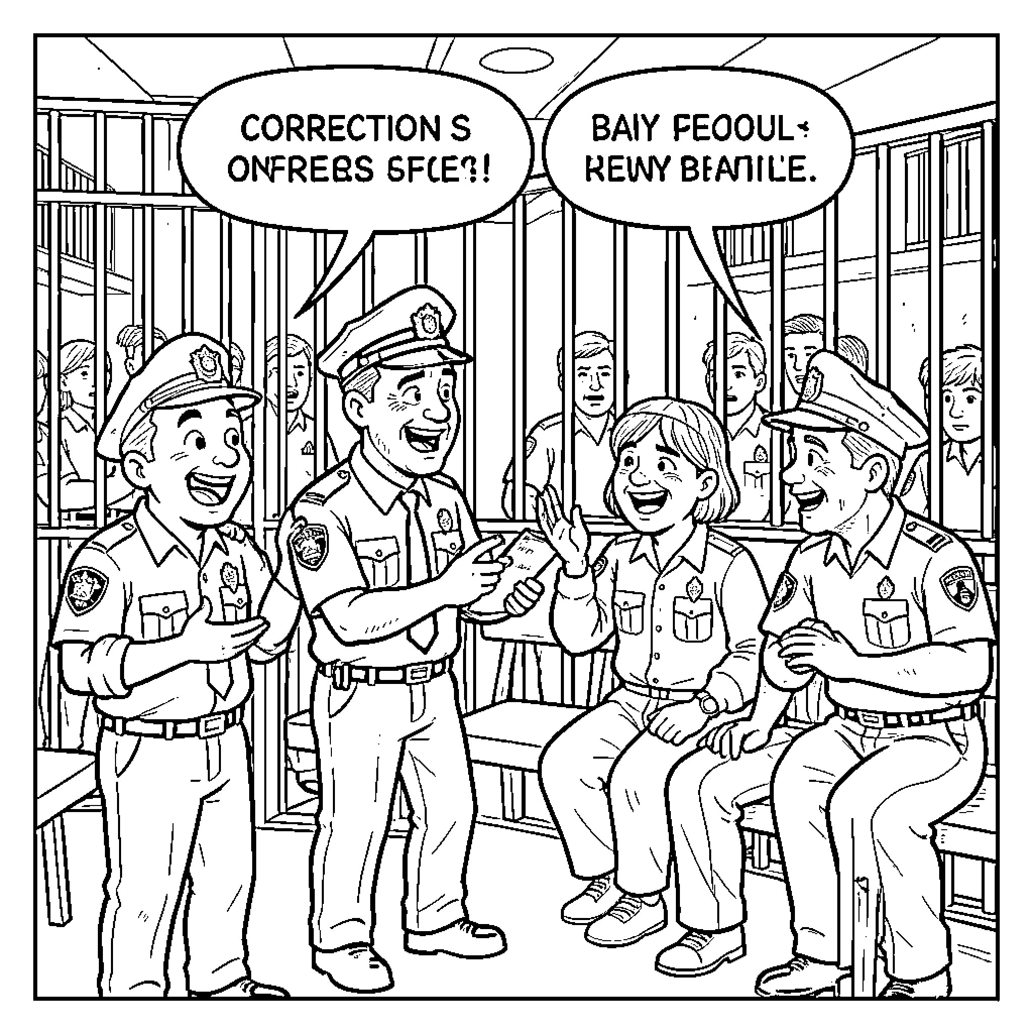 Corrections Officer interacting with smiling colleagues in a cell area Coloring Page (free black-and-white line drawing printable PDF for all, from beginners to advanced learners, including children, teens, adults, and seniors)