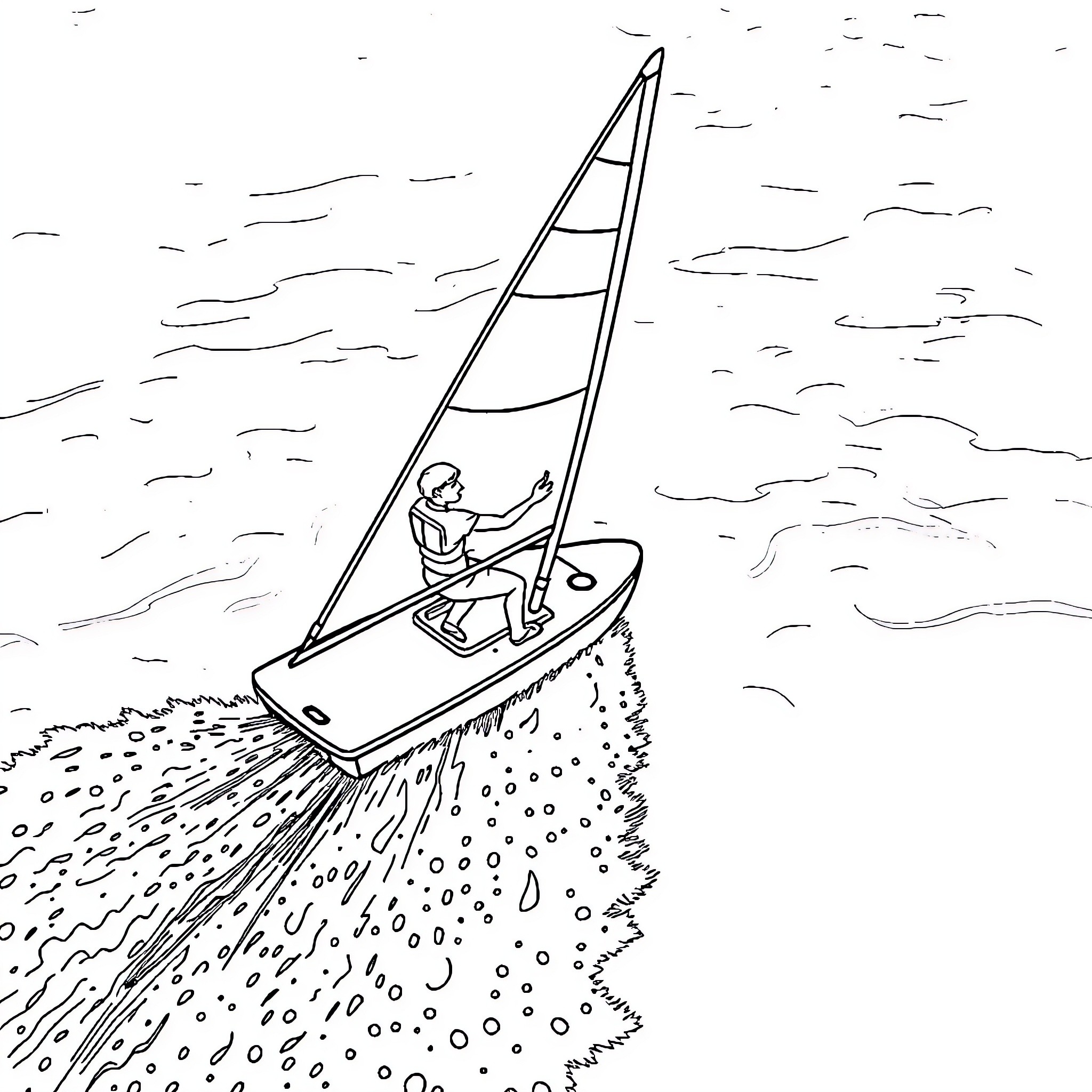 Watersailer riding waves on the open sea Coloring Page (free black-and-white line drawing printable PDF for all, from beginners to advanced learners, including children, teens, adults, and seniors)
