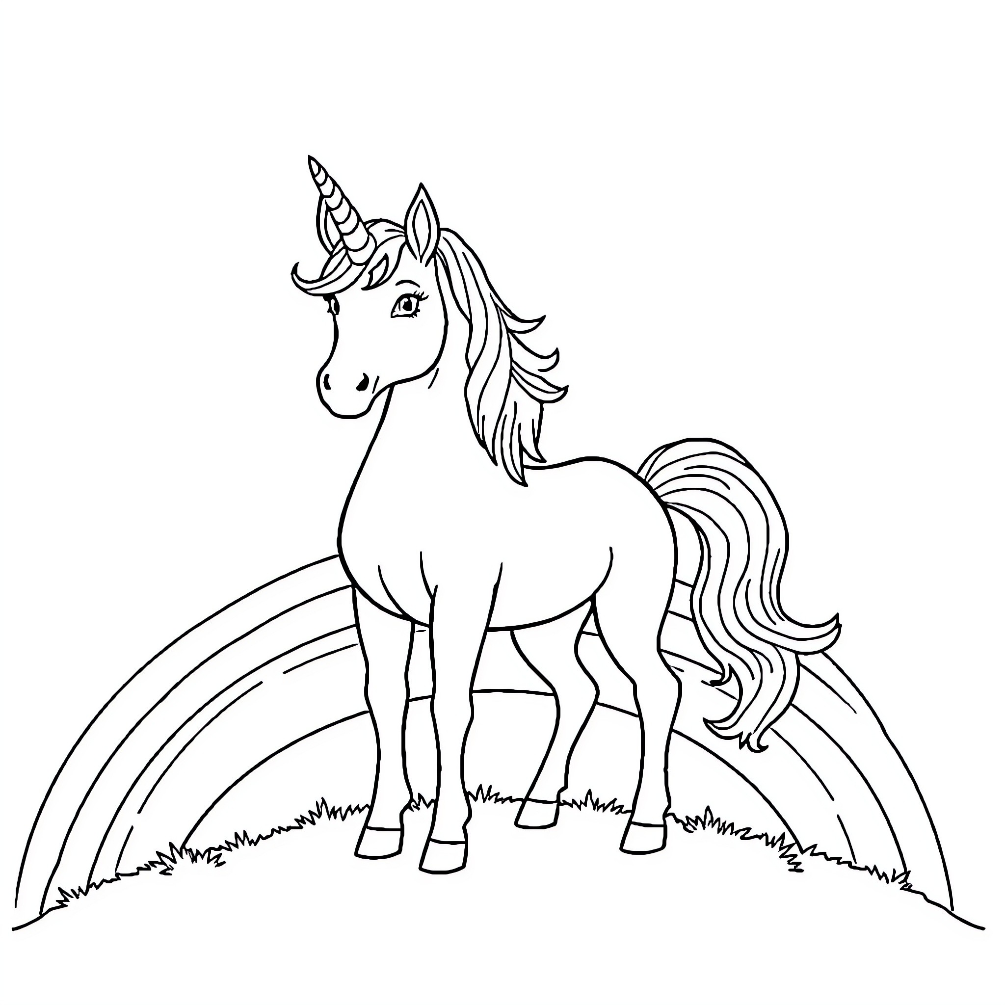 Unicorn standing proudly on a grassy hill Coloring Page (free black-and-white line drawing printable PDF for all, from beginners to advanced learners, including children, teens, adults, and seniors)