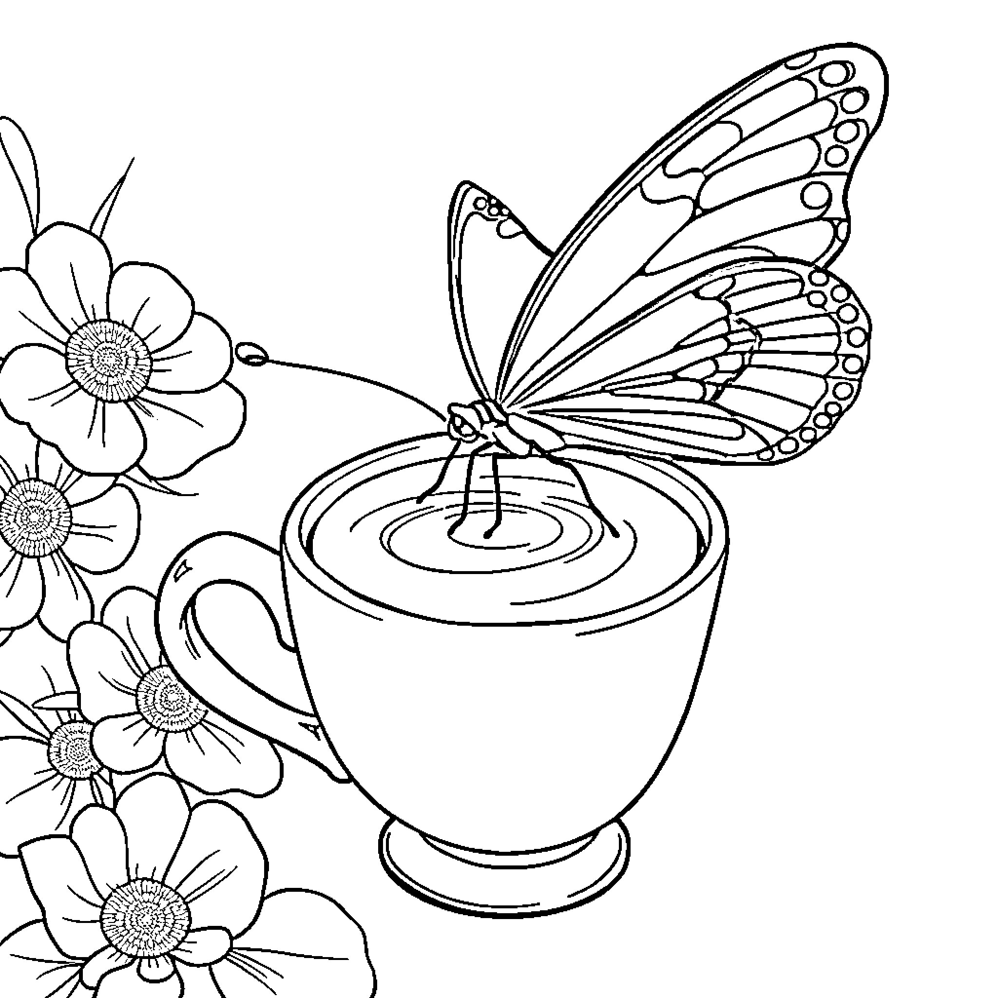 Butterfly resting on flower-adorned teacup Coloring Page (free black-and-white line drawing printable PDF for all, from beginners to advanced learners, including children, teens, adults, and seniors)