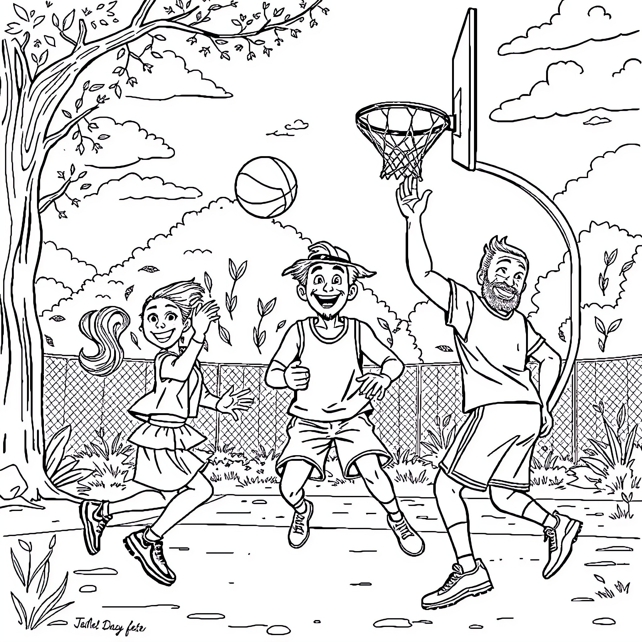 Basketball players enjoying game outdoors Coloring Page (free black-and-white line drawing printable PDF for all, from beginners to advanced learners, including children, teens, adults, and seniors)
