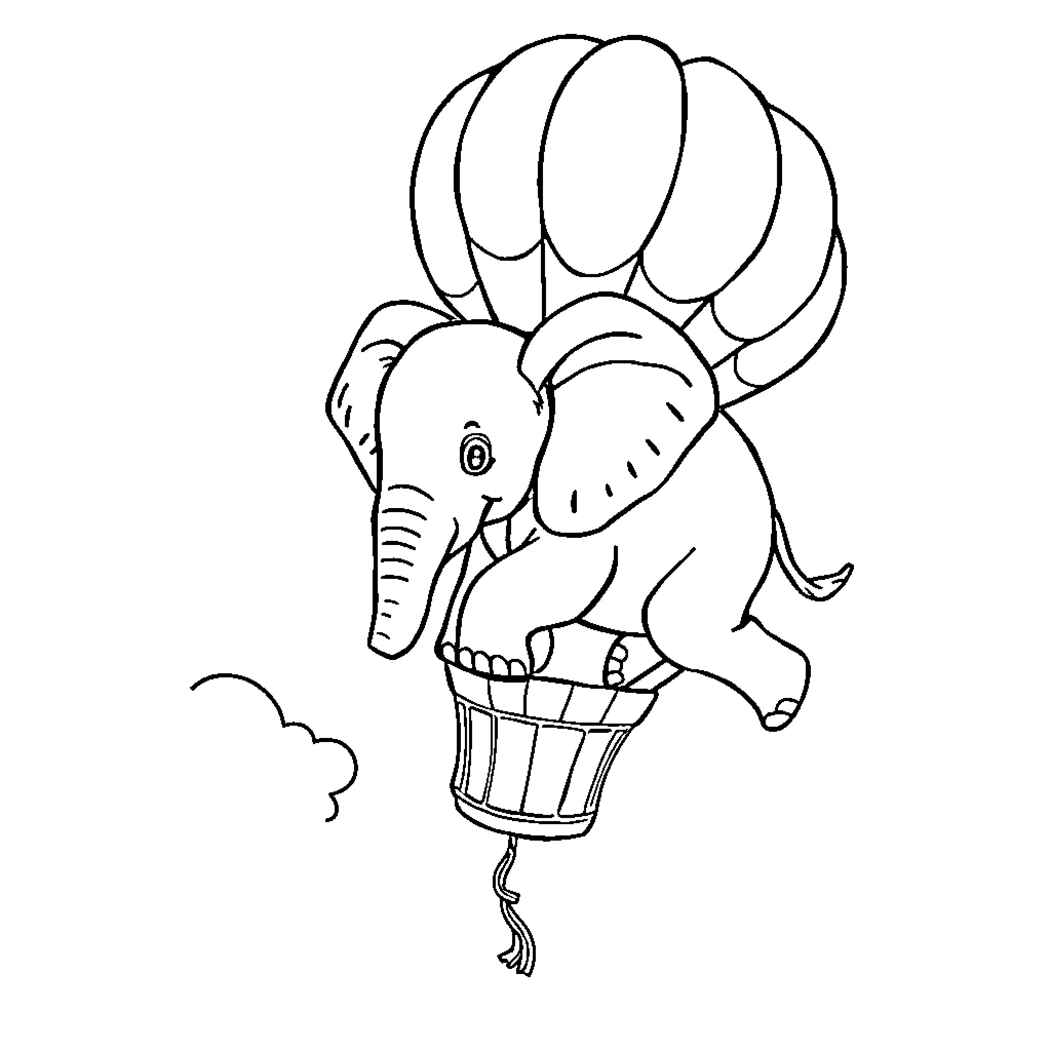 Elephant riding a hot air balloon Coloring Page (free black-and-white line drawing printable PDF for all, from beginners to advanced learners, including children, teens, adults, and seniors)