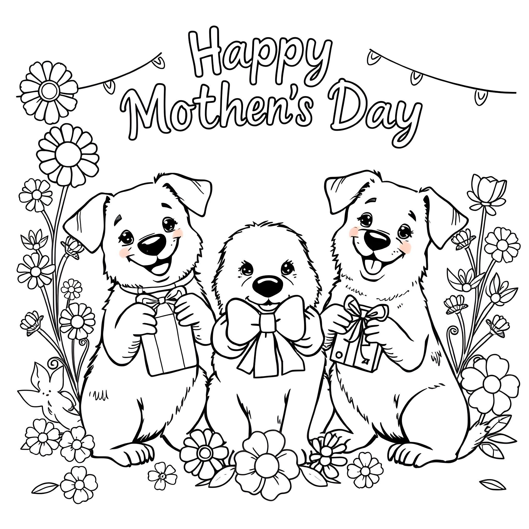Dogs celebrating Happy Mother's Day Coloring Page (free black-and-white line drawing printable PDF for all, from beginners to advanced learners, including children, teens, adults, and seniors)