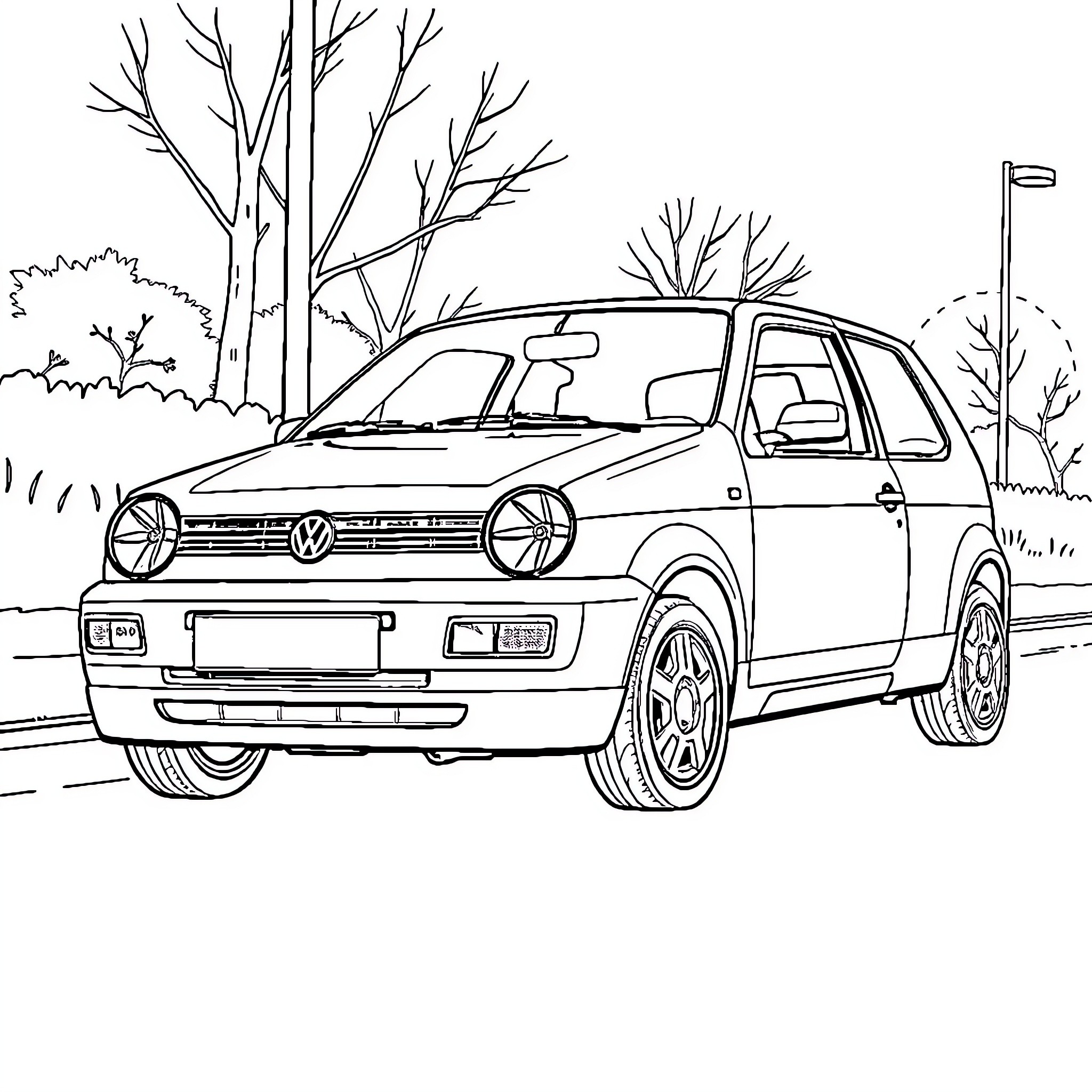 VW Lupo parked on a scenic road Coloring Page (free black-and-white line drawing printable PDF for all, from beginners to advanced learners, including children, teens, adults, and seniors)