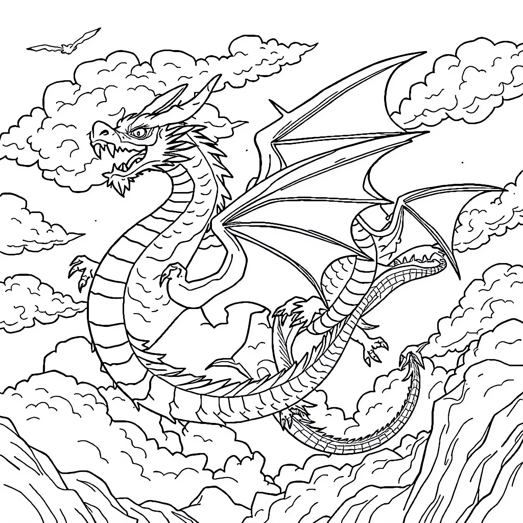 Dragon soaring majestically through the cloudy sky Coloring Page (free black-and-white line drawing printable PDF for all, from beginners to advanced learners, including children, teens, adults, and seniors)