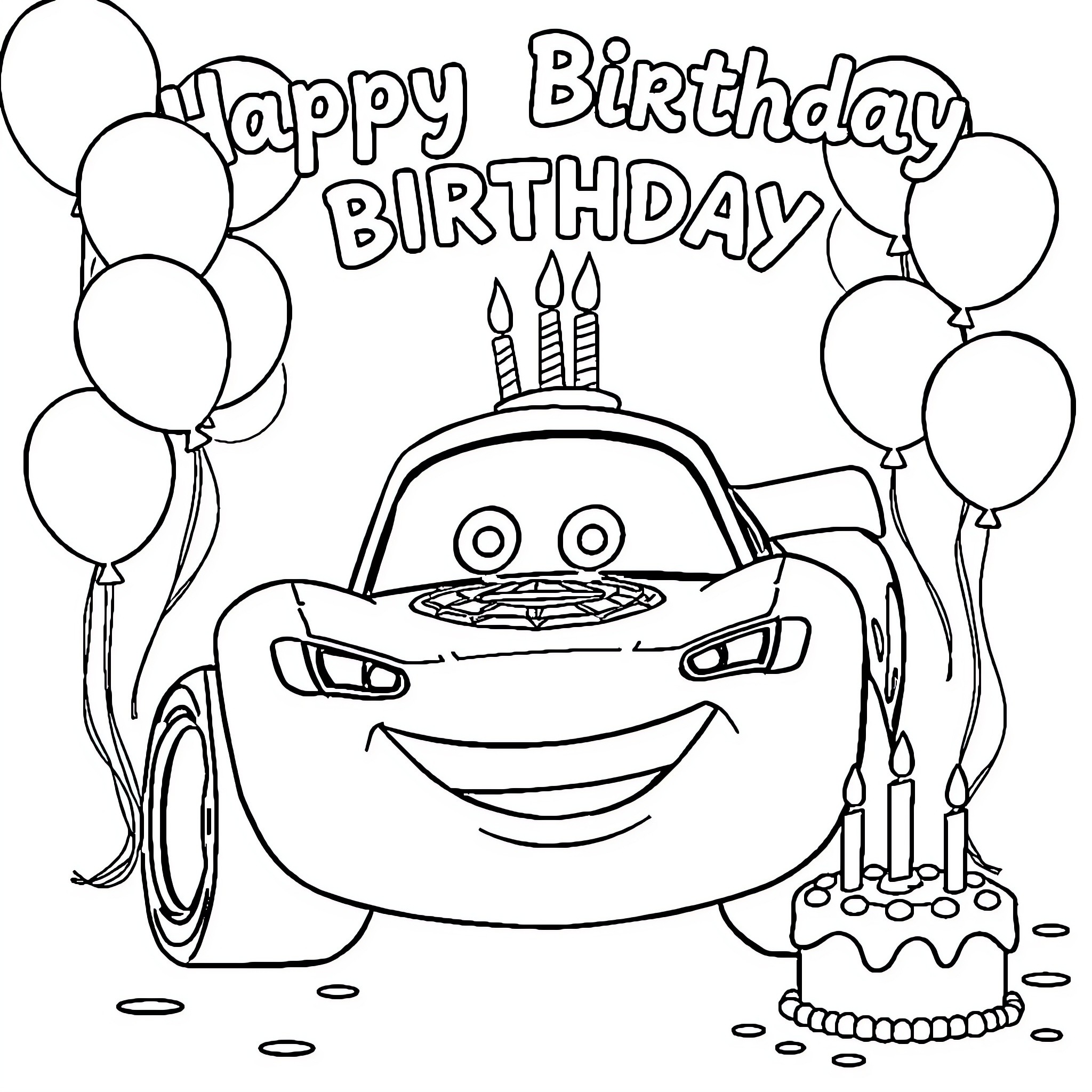 Lightning McQueen celebrates a happy birthday with a cake and balloons Coloring Page (free black-and-white line drawing printable PDF for all, from beginners to advanced learners, including children, teens, adults, and seniors)