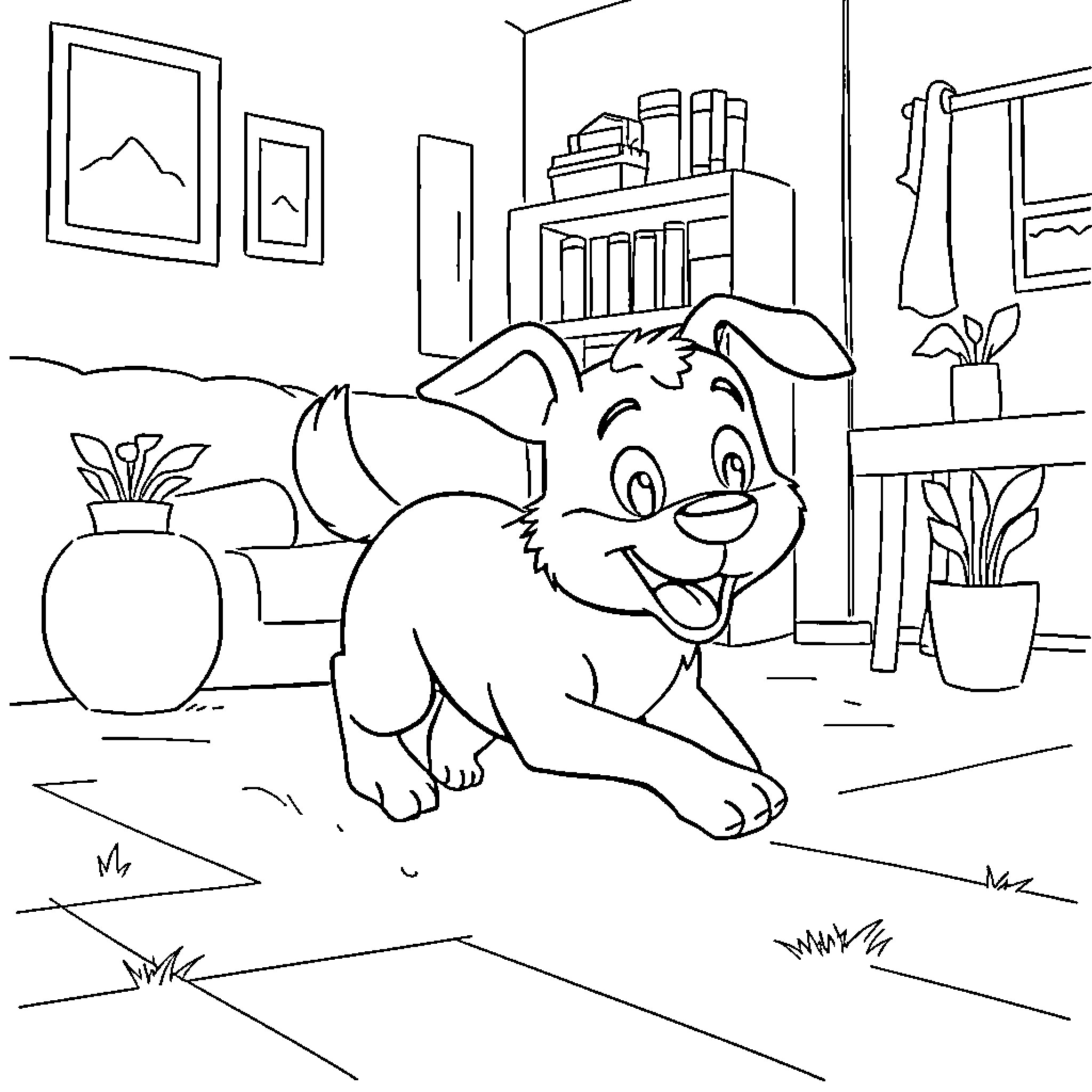 Bluey playing happily in the living room Coloring Page (free black-and-white line drawing printable PDF for all, from beginners to advanced learners, including children, teens, adults, and seniors)