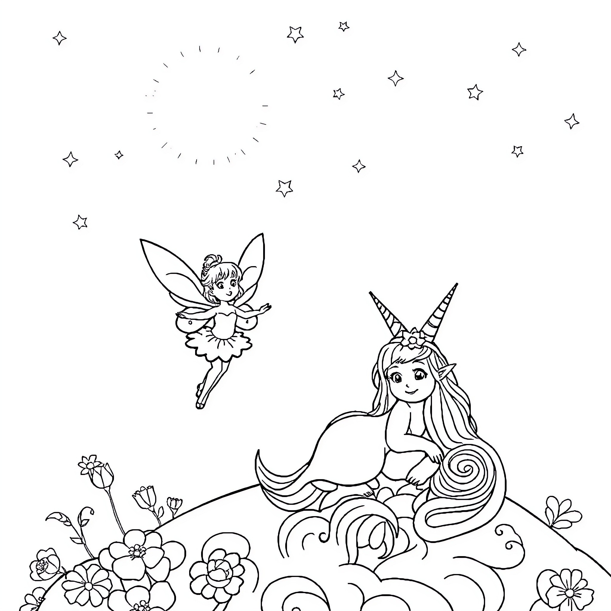 Fee-like Creatures and Flowers Surrounded by Stars Coloring Page (free black-and-white line drawing printable PDF for all, from beginners to advanced learners, including children, teens, adults, and seniors)