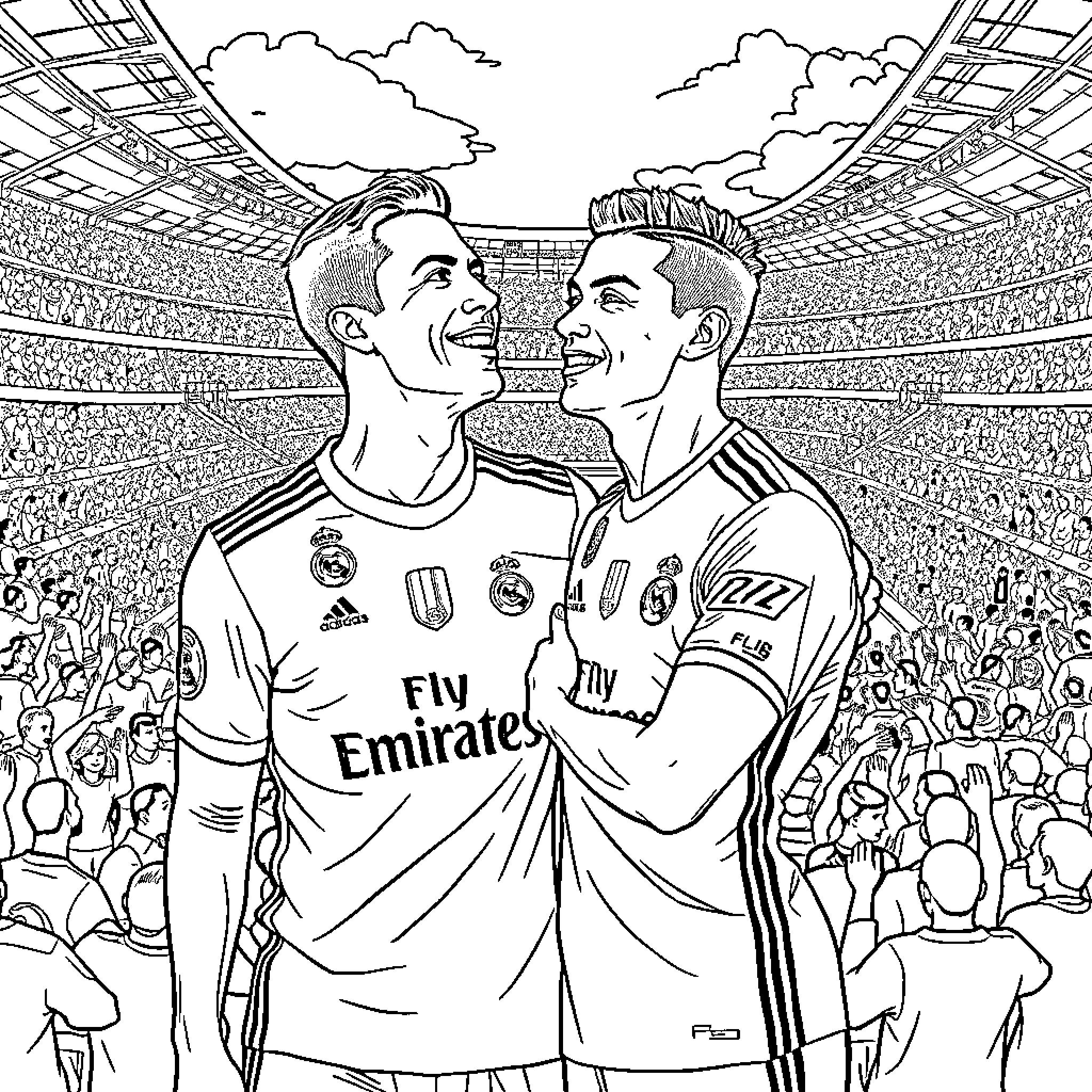 Cristiano Ronaldo and Footballer Teammates on the Field Coloring Page (free black-and-white line drawing printable PDF for all, from beginners to advanced learners, including children, teens, adults, and seniors)