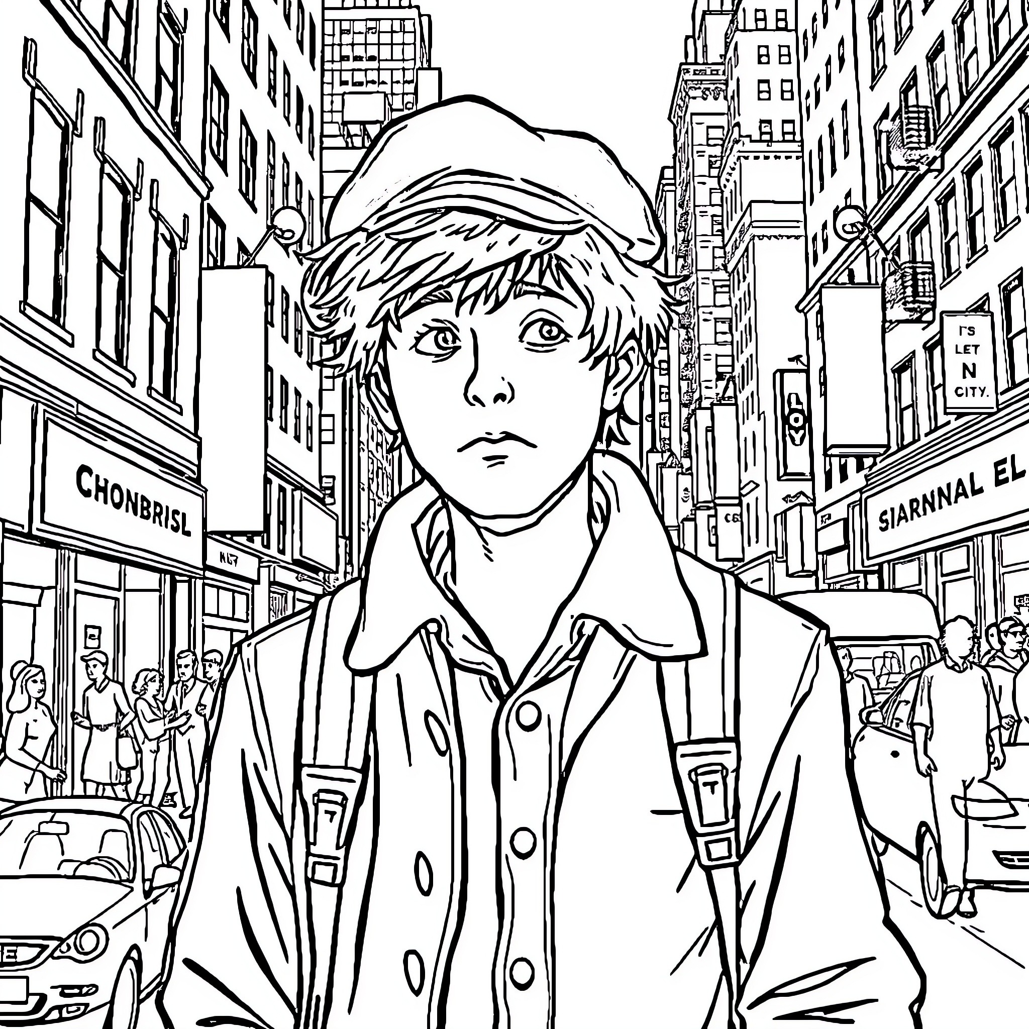 Holden Caulfield navigating the bustling city streets Coloring Page (free black-and-white line drawing printable PDF for all, from beginners to advanced learners, including children, teens, adults, and seniors)