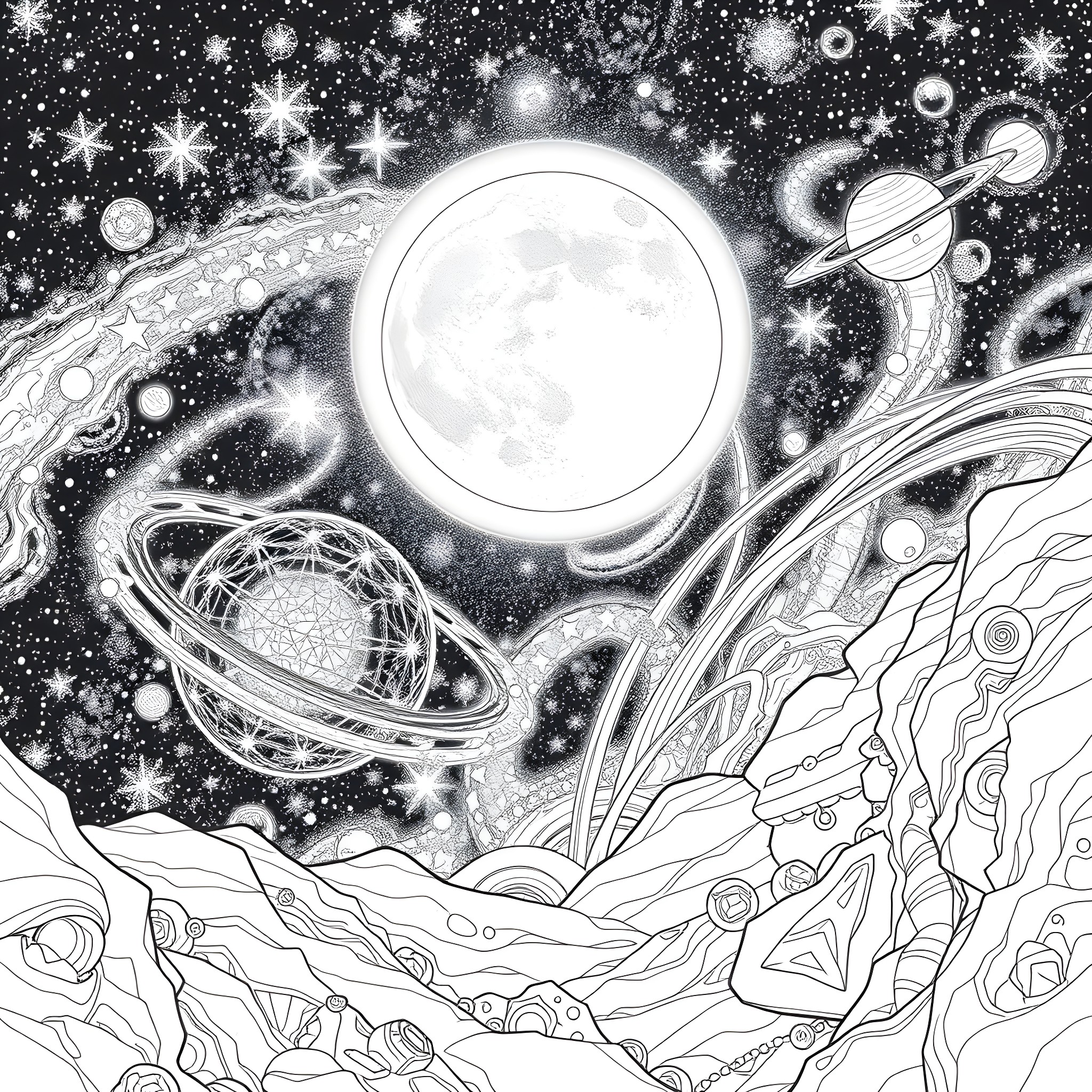 Moon shining over the cosmic landscape Coloring Page (free black-and-white line drawing printable PDF for all, from beginners to advanced learners, including children, teens, adults, and seniors)