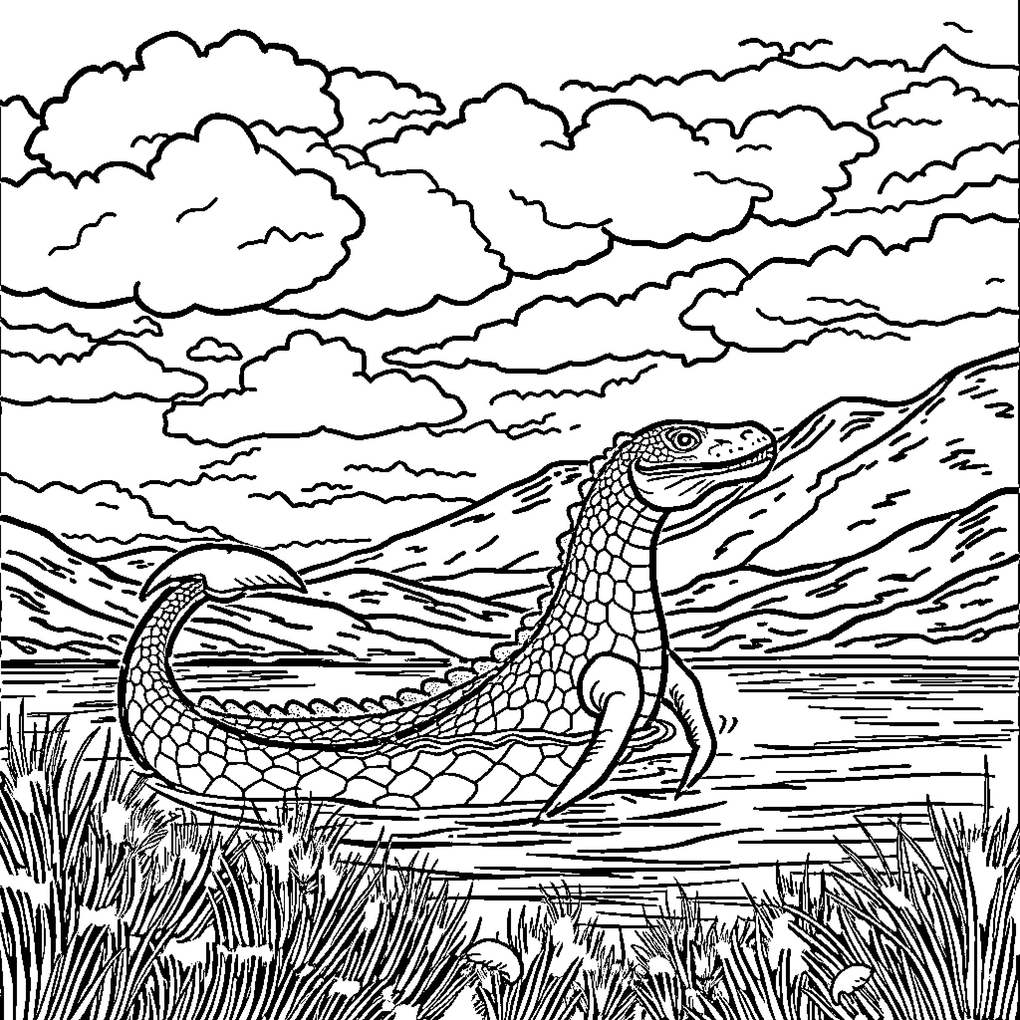 Loch Ness Monster emerging from the waters Coloring Page (free black-and-white line drawing printable PDF for all, from beginners to advanced learners, including children, teens, adults, and seniors)