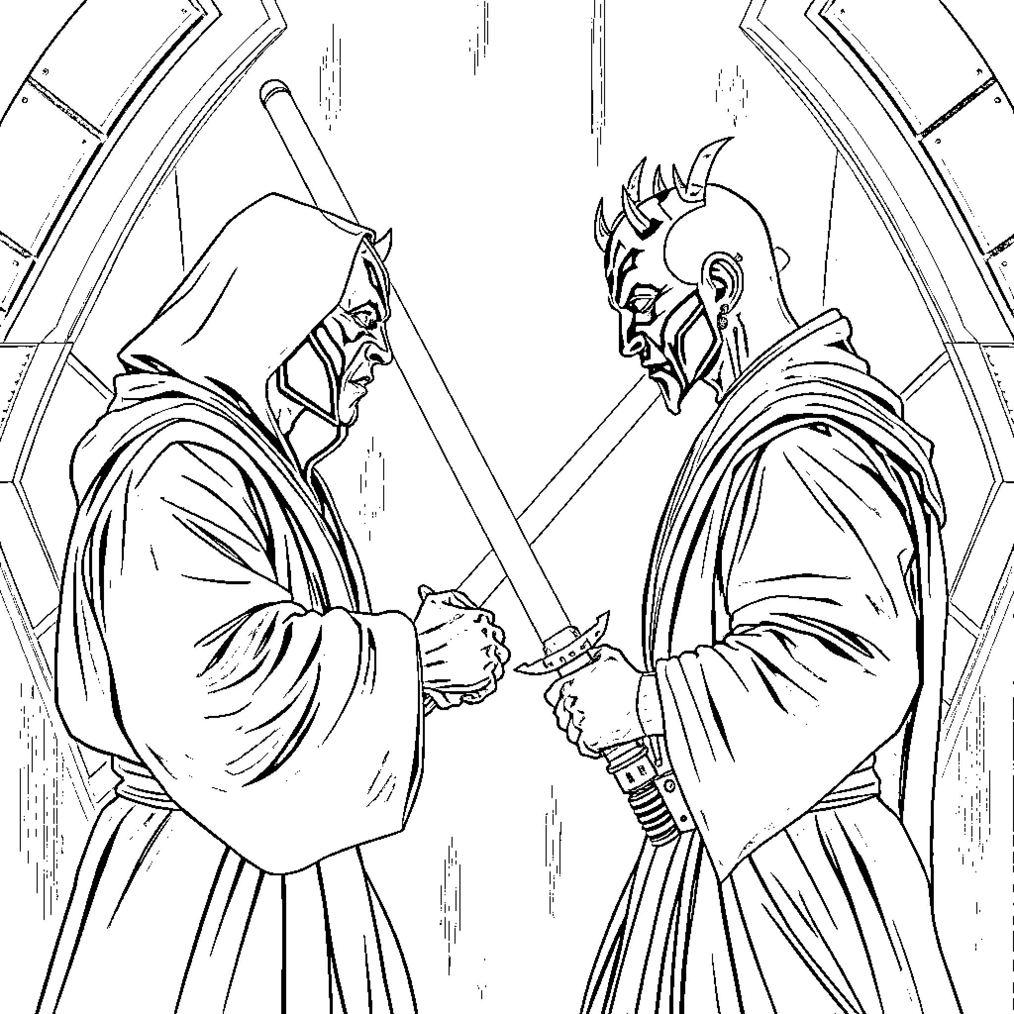 Obi-Wan Kenobi confronts a powerful enemy Coloring Page (free black-and-white line drawing printable PDF for all, from beginners to advanced learners, including children, teens, adults, and seniors)