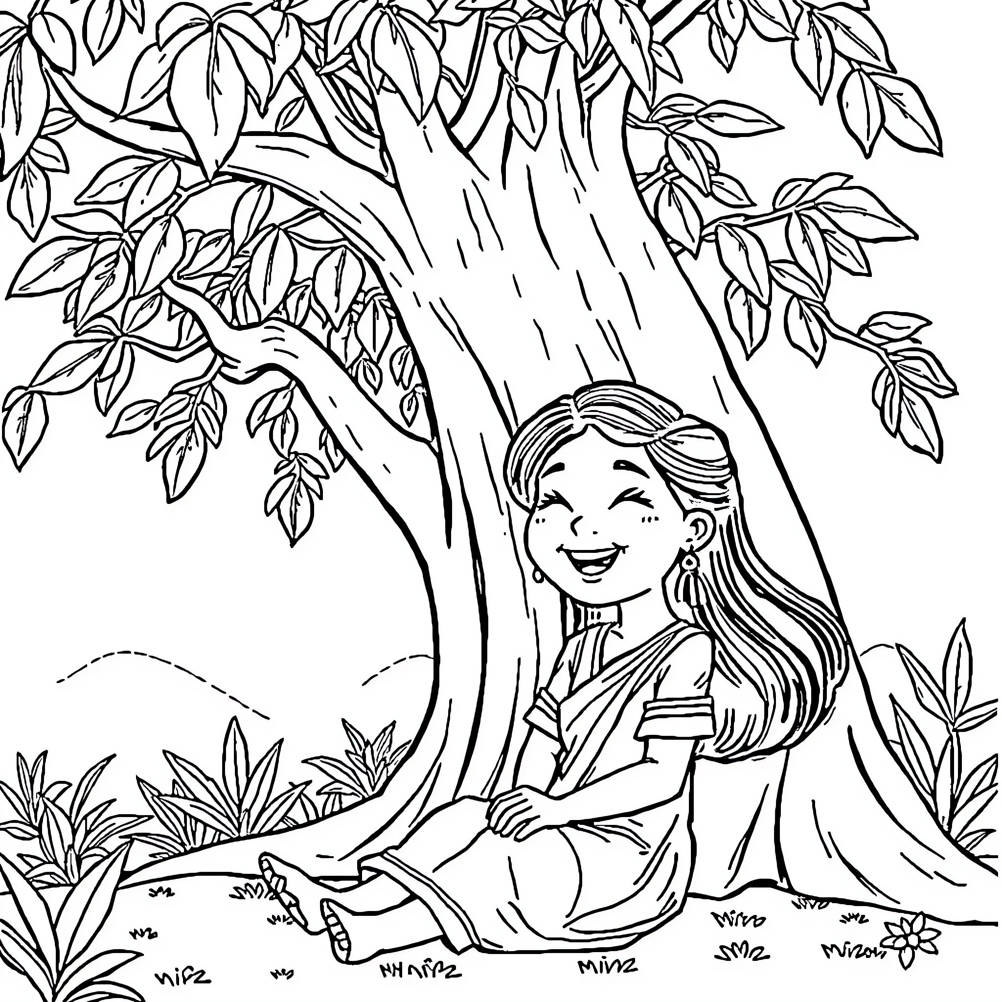 Chú Cuội enjoying a day in the lush forest Coloring Page (free black-and-white line drawing printable PDF for all, from beginners to advanced learners, including children, teens, adults, and seniors)