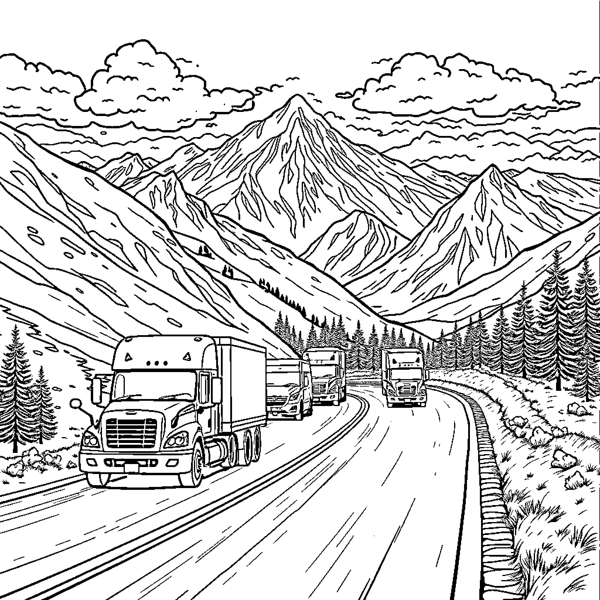 Car convoy driving through scenic mountain landscape Coloring Page (free black-and-white line drawing printable PDF for all, from beginners to advanced learners, including children, teens, adults, and seniors)