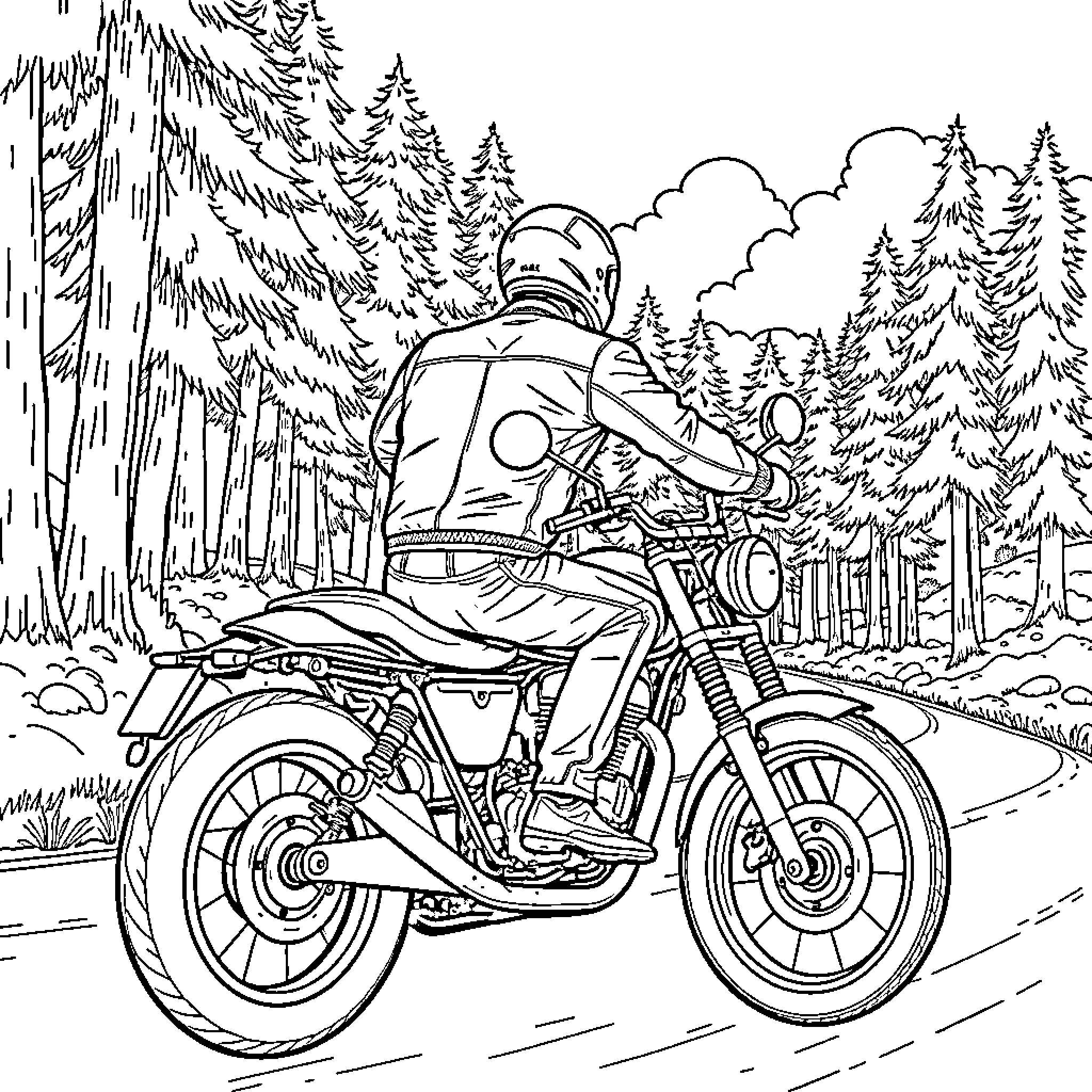 Biker exploring the winding forest path Coloring Page (free black-and-white line drawing printable PDF for all, from beginners to advanced learners, including children, teens, adults, and seniors)