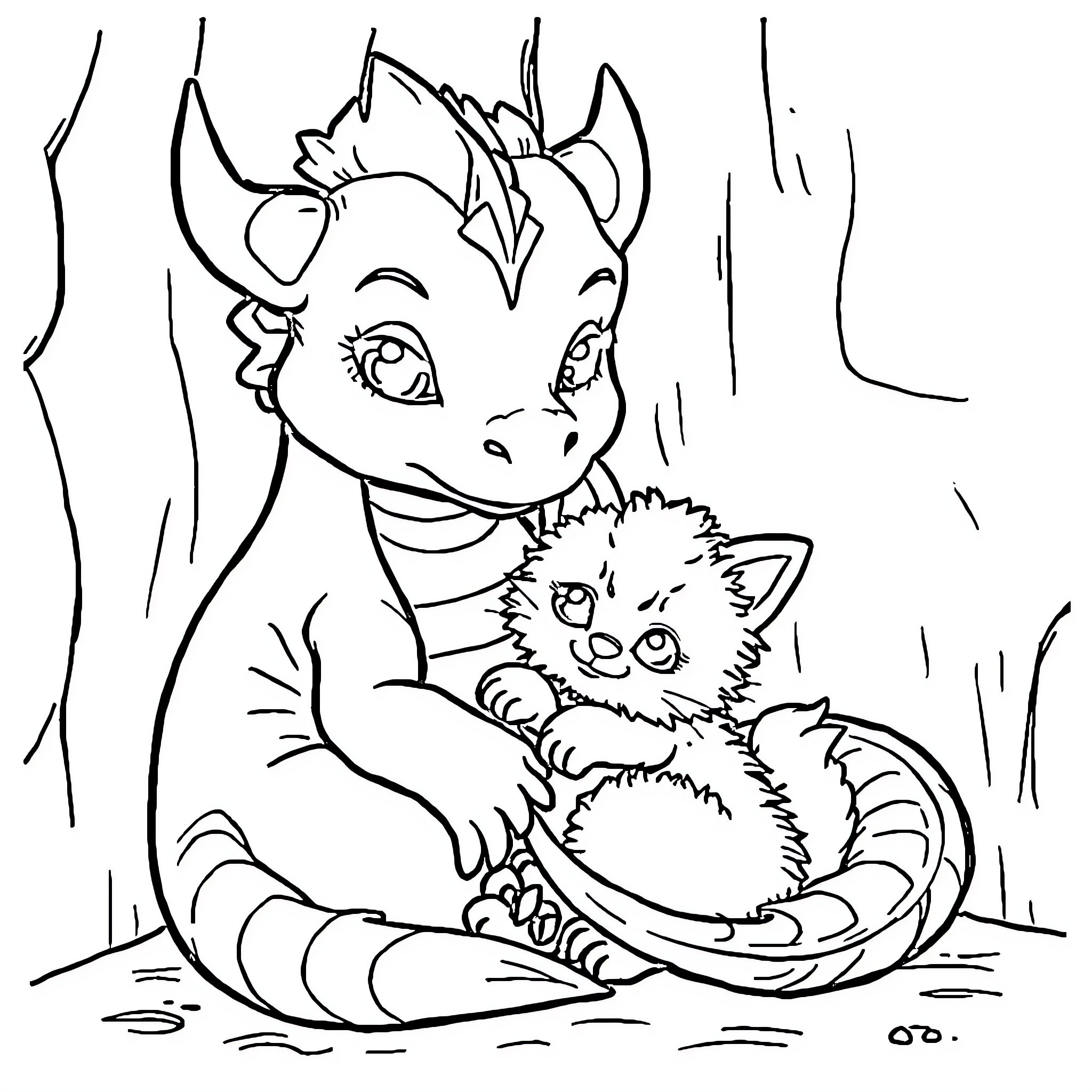 Dragon holding a cute furry pet Coloring Page (free black-and-white line drawing printable PDF for all, from beginners to advanced learners, including children, teens, adults, and seniors)