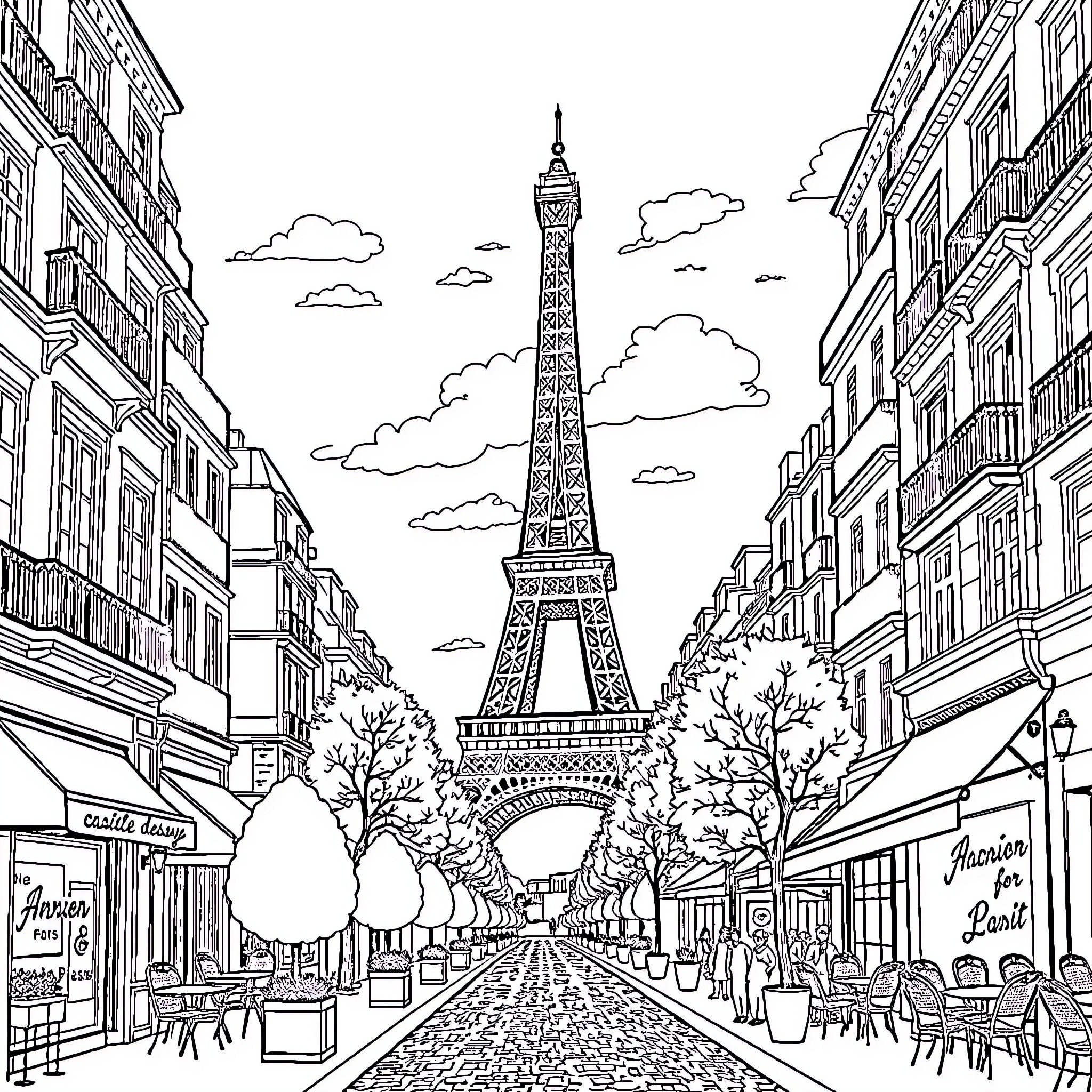 Paris cityscape with Eiffel Tower and street scene Coloring Page (free black-and-white line drawing printable PDF for all, from beginners to advanced learners, including children, teens, adults, and seniors)