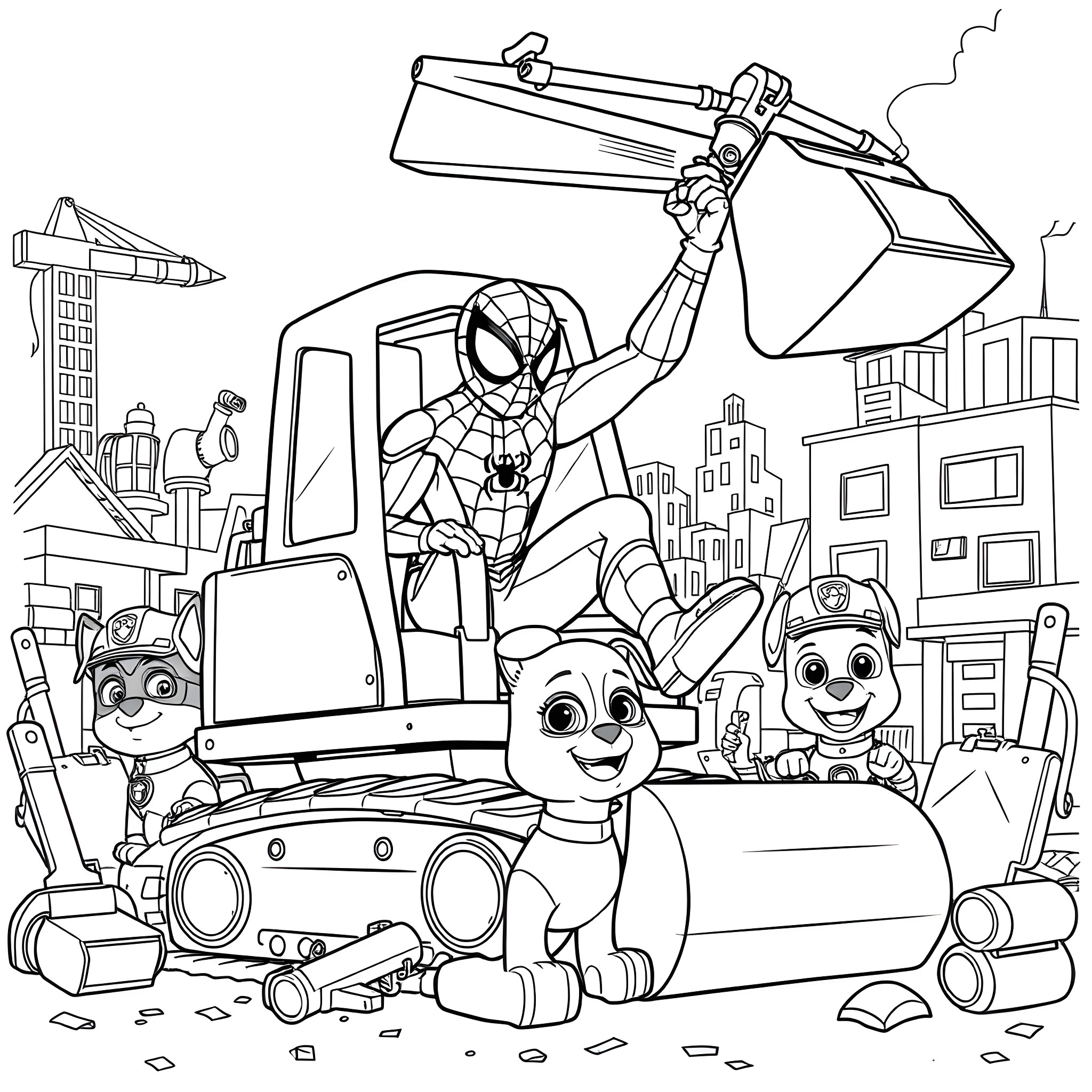 Spiderman saving the day with construction crew Coloring Page (free black-and-white line drawing printable PDF for all, from beginners to advanced learners, including children, teens, adults, and seniors)