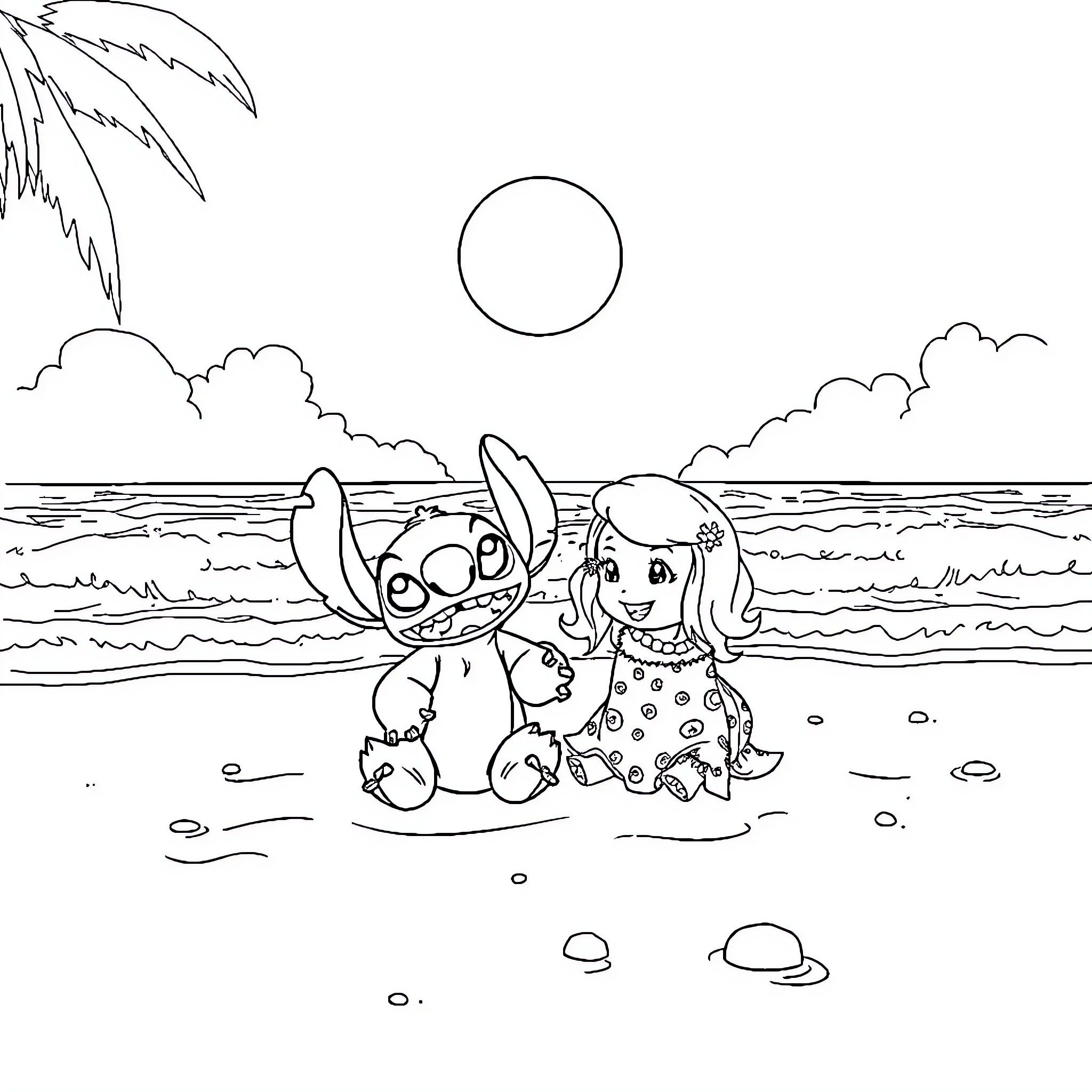 Lilo and friend playing in the waves Coloring Page (free black-and-white line drawing printable PDF for all, from beginners to advanced learners, including children, teens, adults, and seniors)