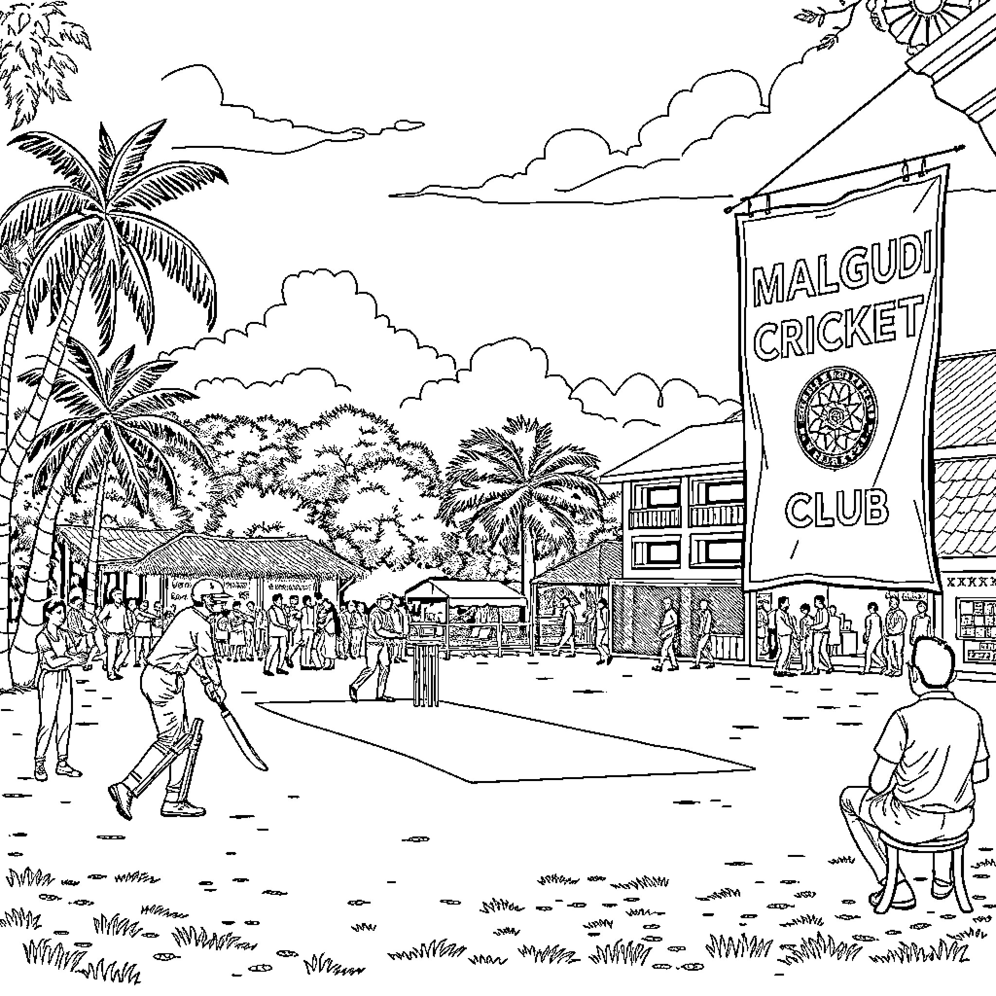 Cricket match at the Malgudi Cricket Club Coloring Page (free black-and-white line drawing printable PDF for all, from beginners to advanced learners, including children, teens, adults, and seniors)
