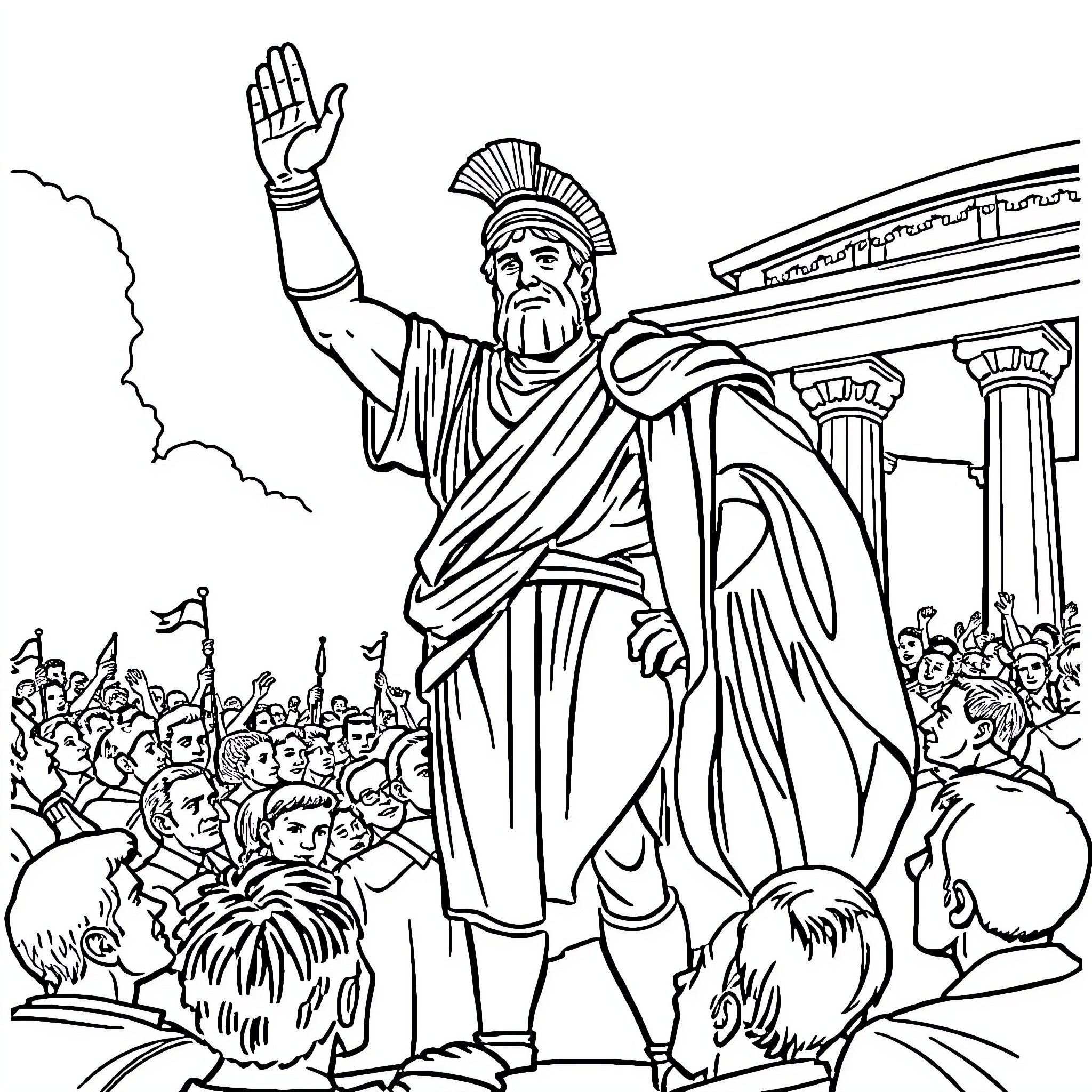 George Floyd addressing a crowd with raised hand Coloring Page (free black-and-white line drawing printable PDF for all, from beginners to advanced learners, including children, teens, adults, and seniors)