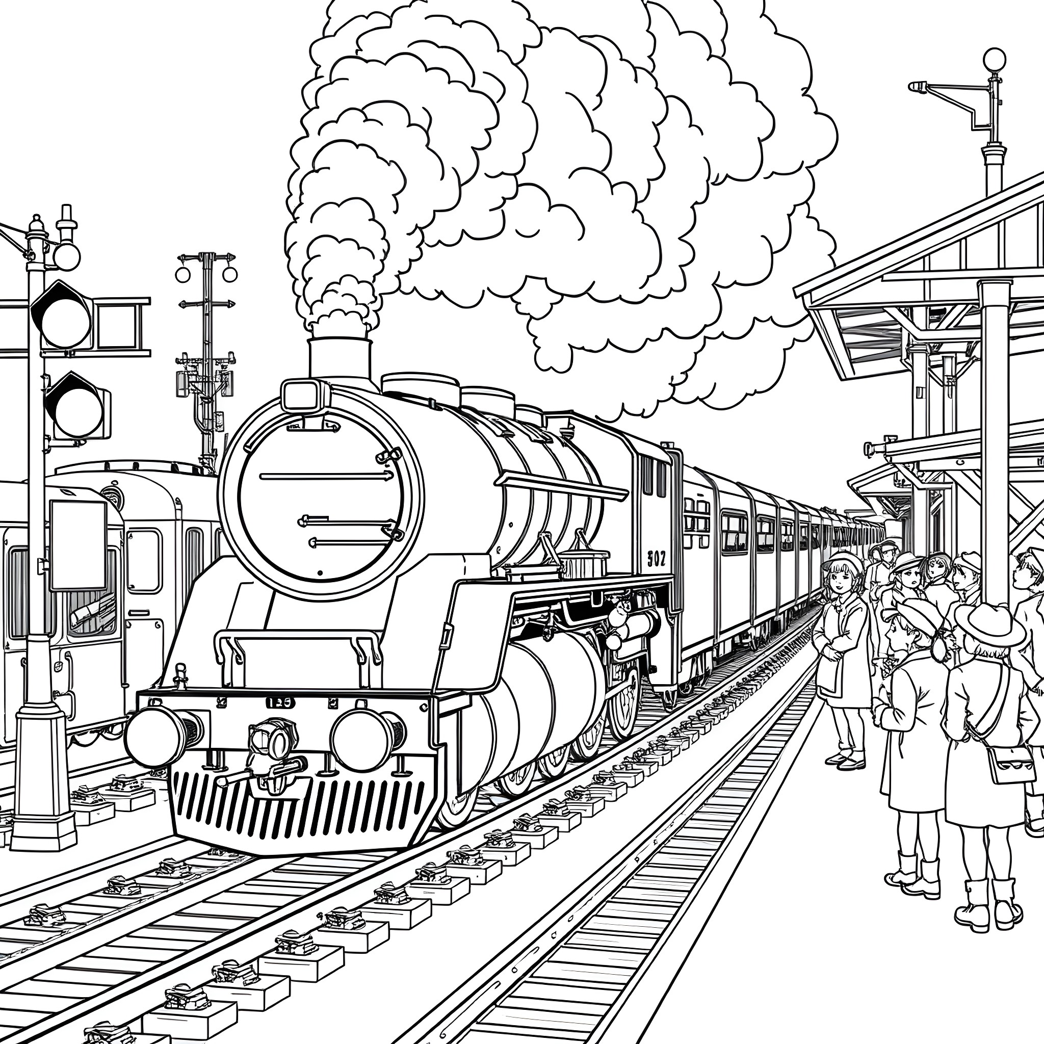 Train arriving at crowded station platform Coloring Page (free black-and-white line drawing printable PDF for all, from beginners to advanced learners, including children, teens, adults, and seniors)