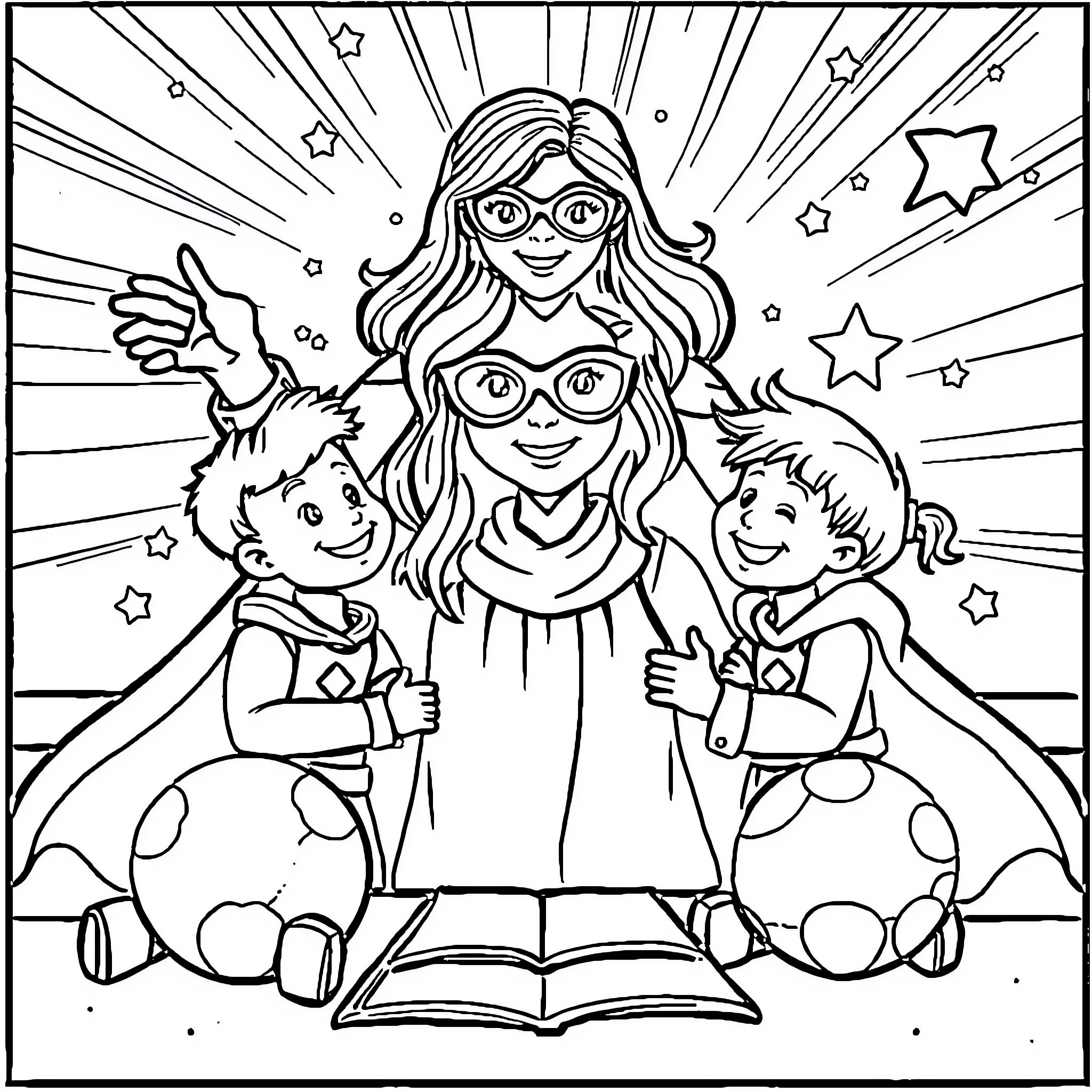 Teacher reading to smiling children in illustrated scene Coloring Page (free black-and-white line drawing printable PDF for all, from beginners to advanced learners, including children, teens, adults, and seniors)
