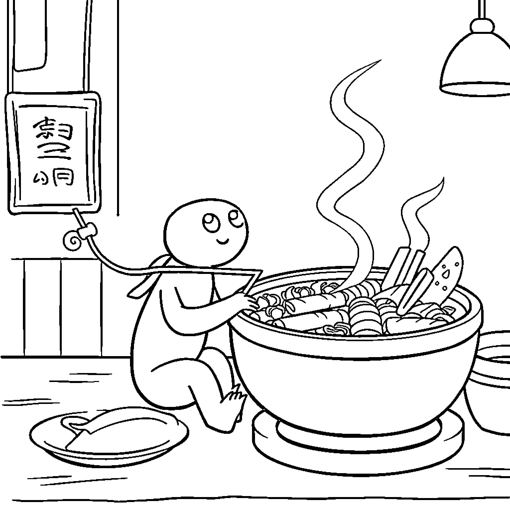 Pea enjoying a hot bowl of ramen Coloring Page (free black-and-white line drawing printable PDF for all, from beginners to advanced learners, including children, teens, adults, and seniors)