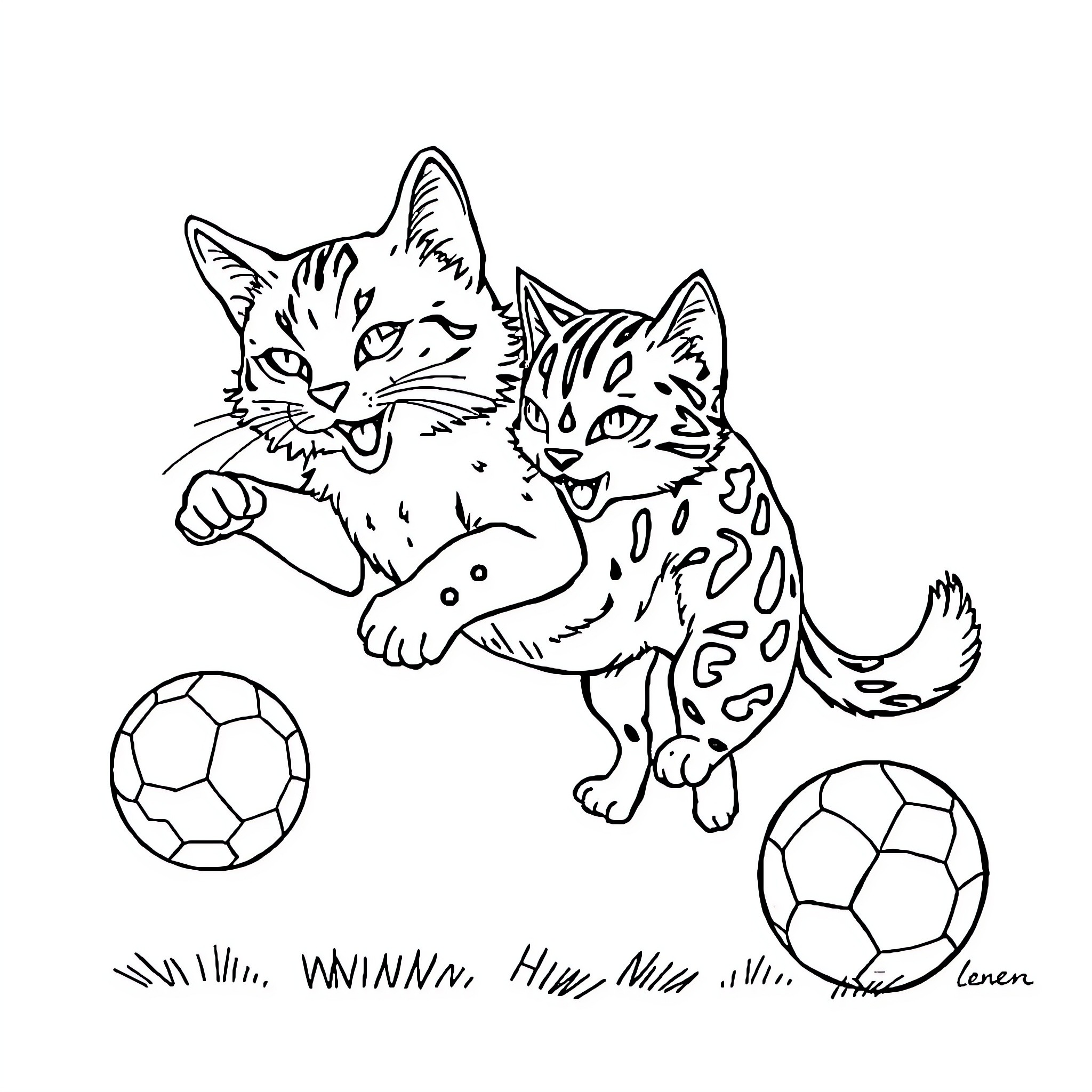 Animal kittens playing soccer happily Coloring Page (free black-and-white line drawing printable PDF for all, from beginners to advanced learners, including children, teens, adults, and seniors)