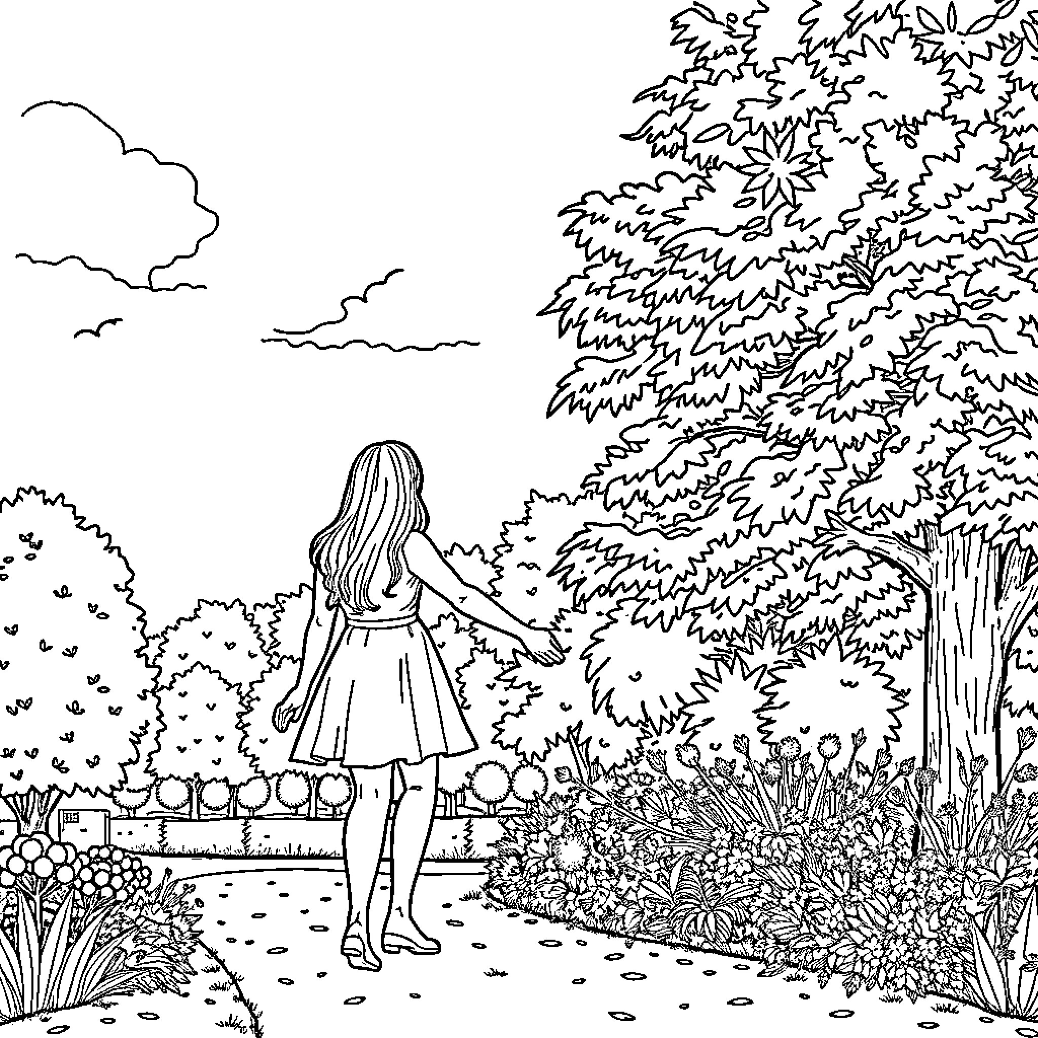 Couple walking through a peaceful garden Coloring Page (free black-and-white line drawing printable PDF for all, from beginners to advanced learners, including children, teens, adults, and seniors)