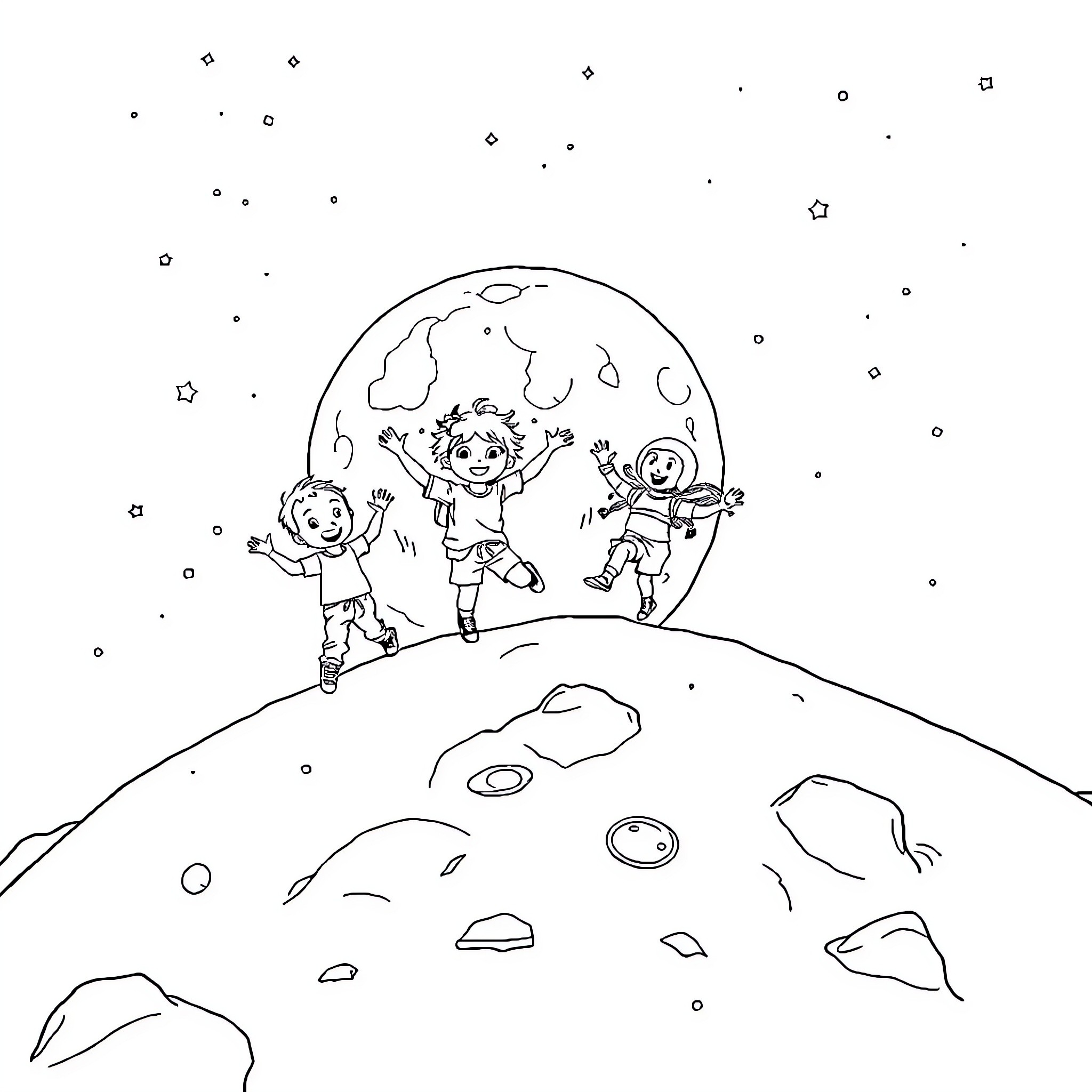 Kid exploring the moon with friends Coloring Page (free black-and-white line drawing printable PDF for all, from beginners to advanced learners, including children, teens, adults, and seniors)