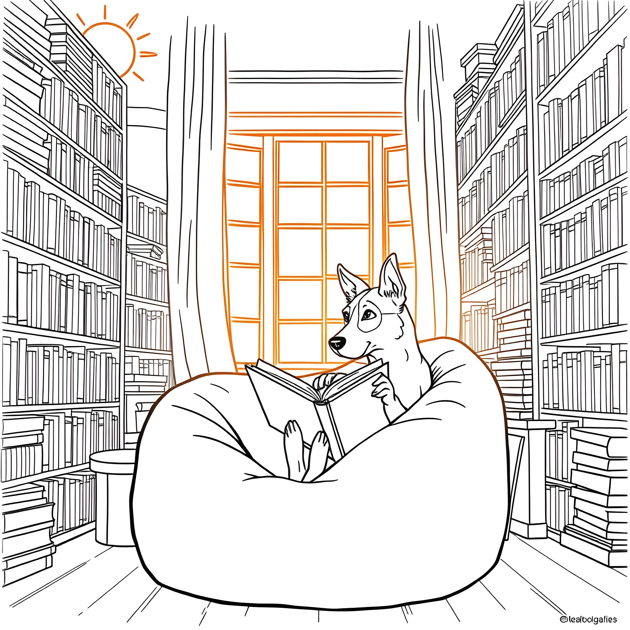 Dog reading a book in a cozy library Coloring Page (free black-and-white line drawing printable PDF for all, from beginners to advanced learners, including children, teens, adults, and seniors)