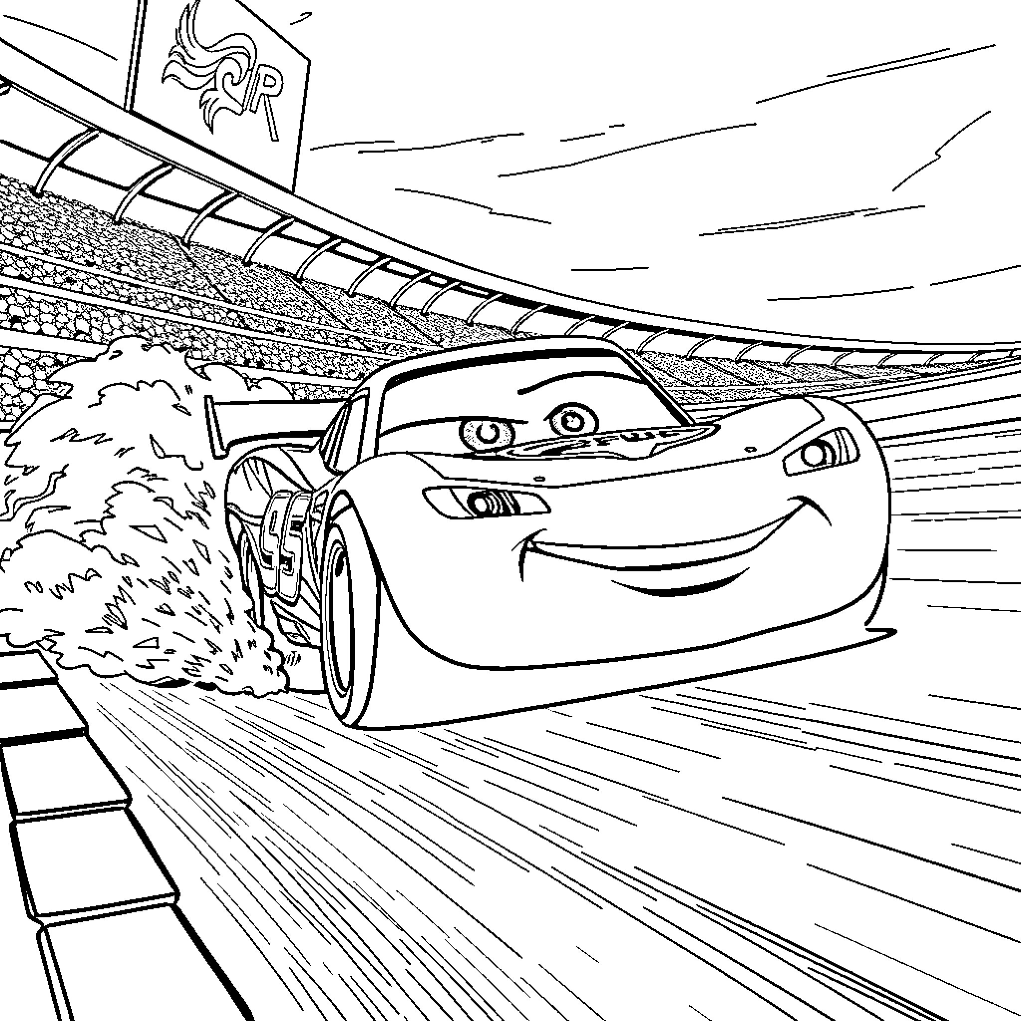 Lightning McQueen racing at high speed on the track Coloring Page (free black-and-white line drawing printable PDF for all, from beginners to advanced learners, including children, teens, adults, and seniors)