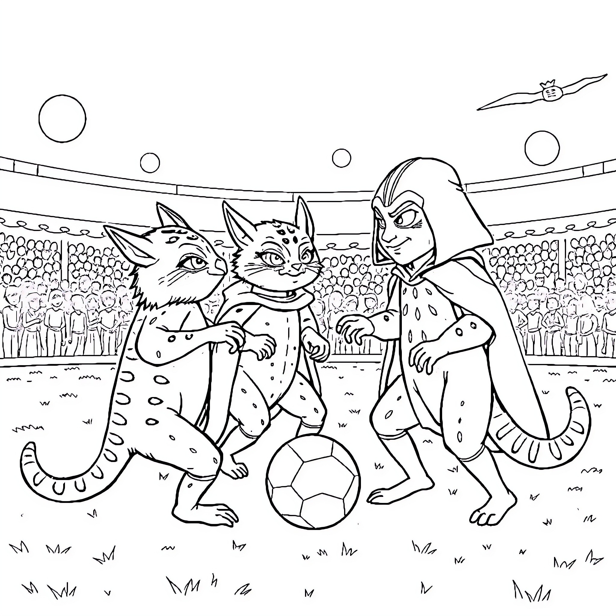 Lutin characters playing soccer on the field Coloring Page (free black-and-white line drawing printable PDF for all, from beginners to advanced learners, including children, teens, adults, and seniors)
