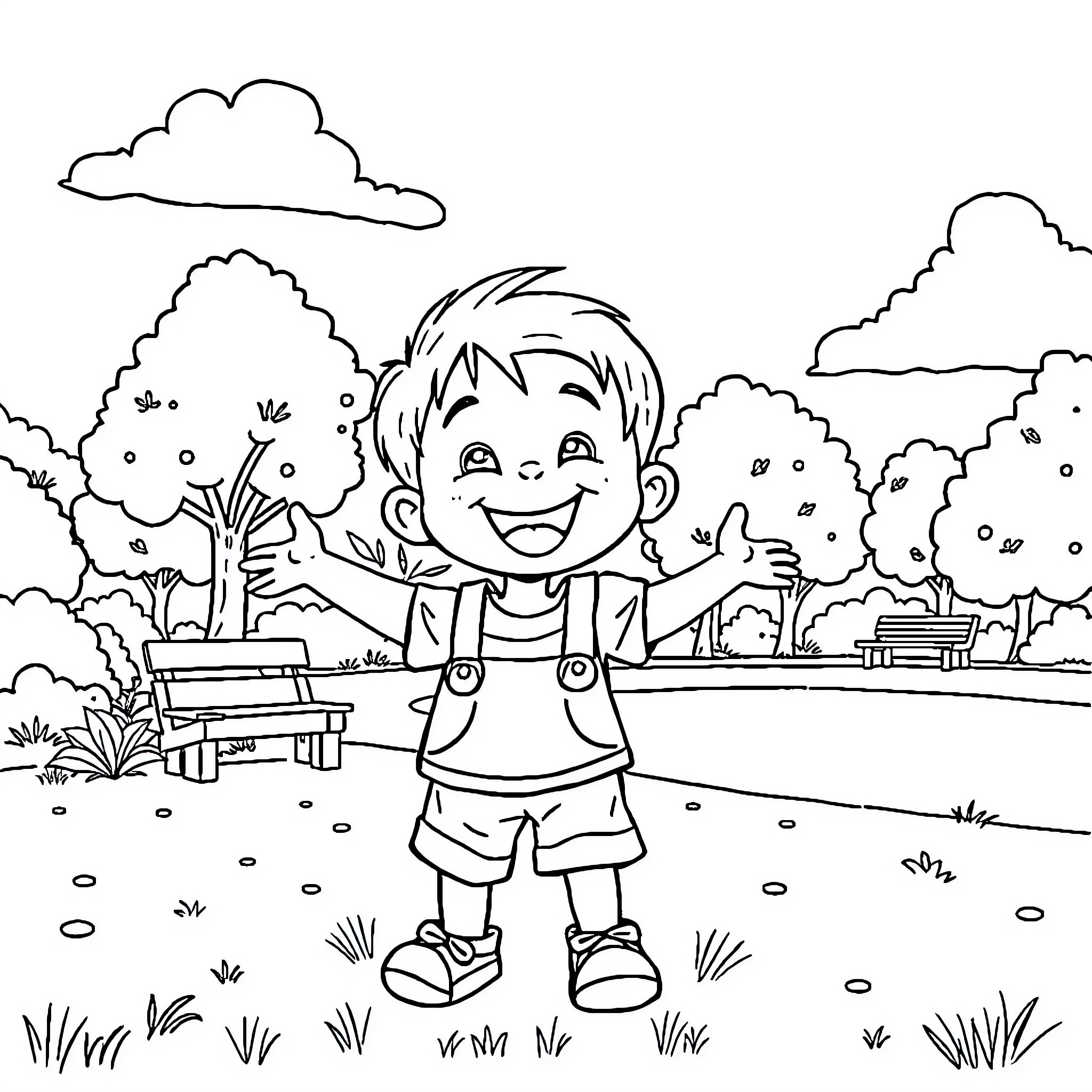 Child playing happily in the park Coloring Page (free black-and-white line drawing printable PDF for all, from beginners to advanced learners, including children, teens, adults, and seniors)